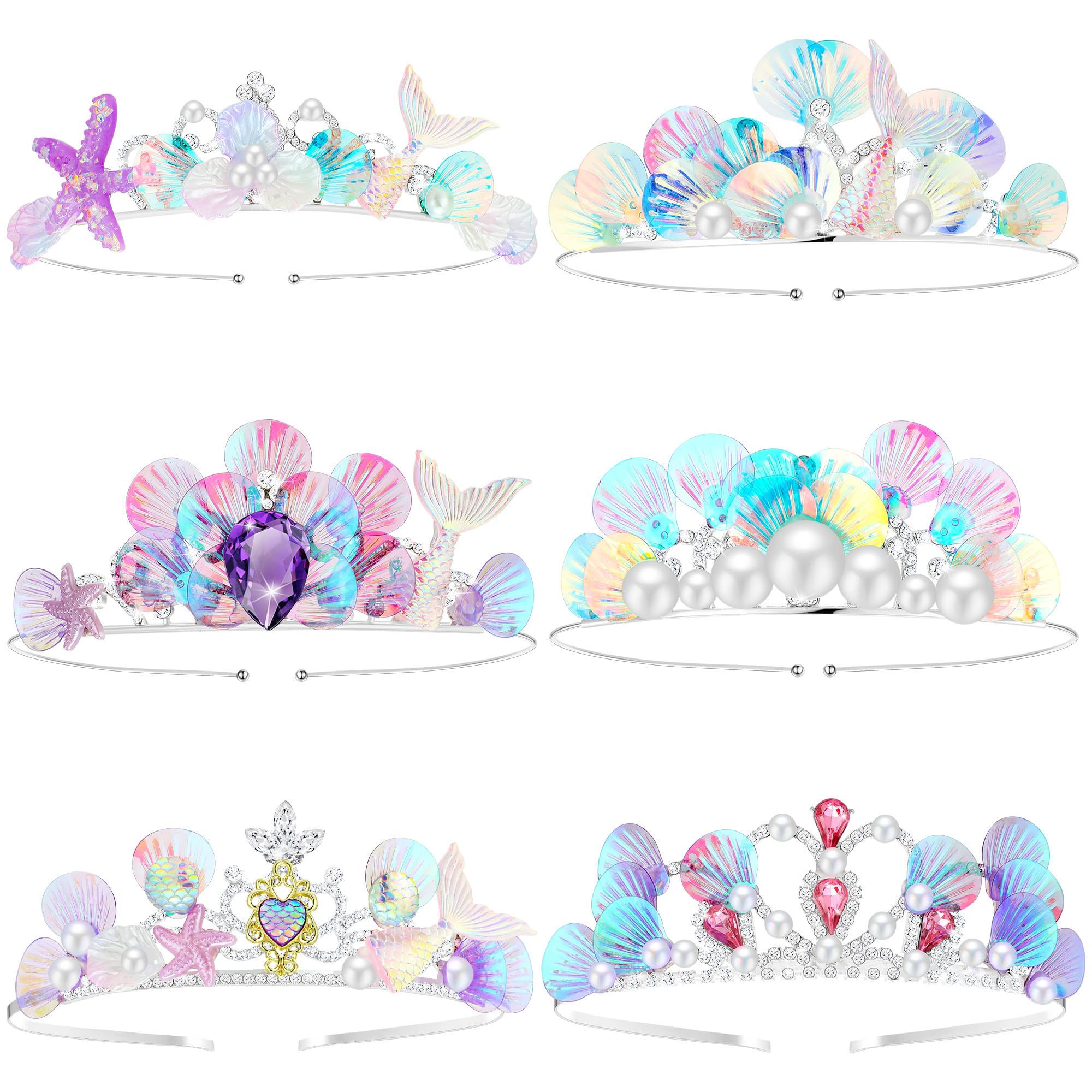 Shihanee 6-Piece Mermaid Crown Set - Ocean Princess Seashell & Starfish Tiara Headband Hair Accessories for Girls & Women | Perfect for Birthday Parties, Costumes, Mermaid-Themed Events & Gifts
