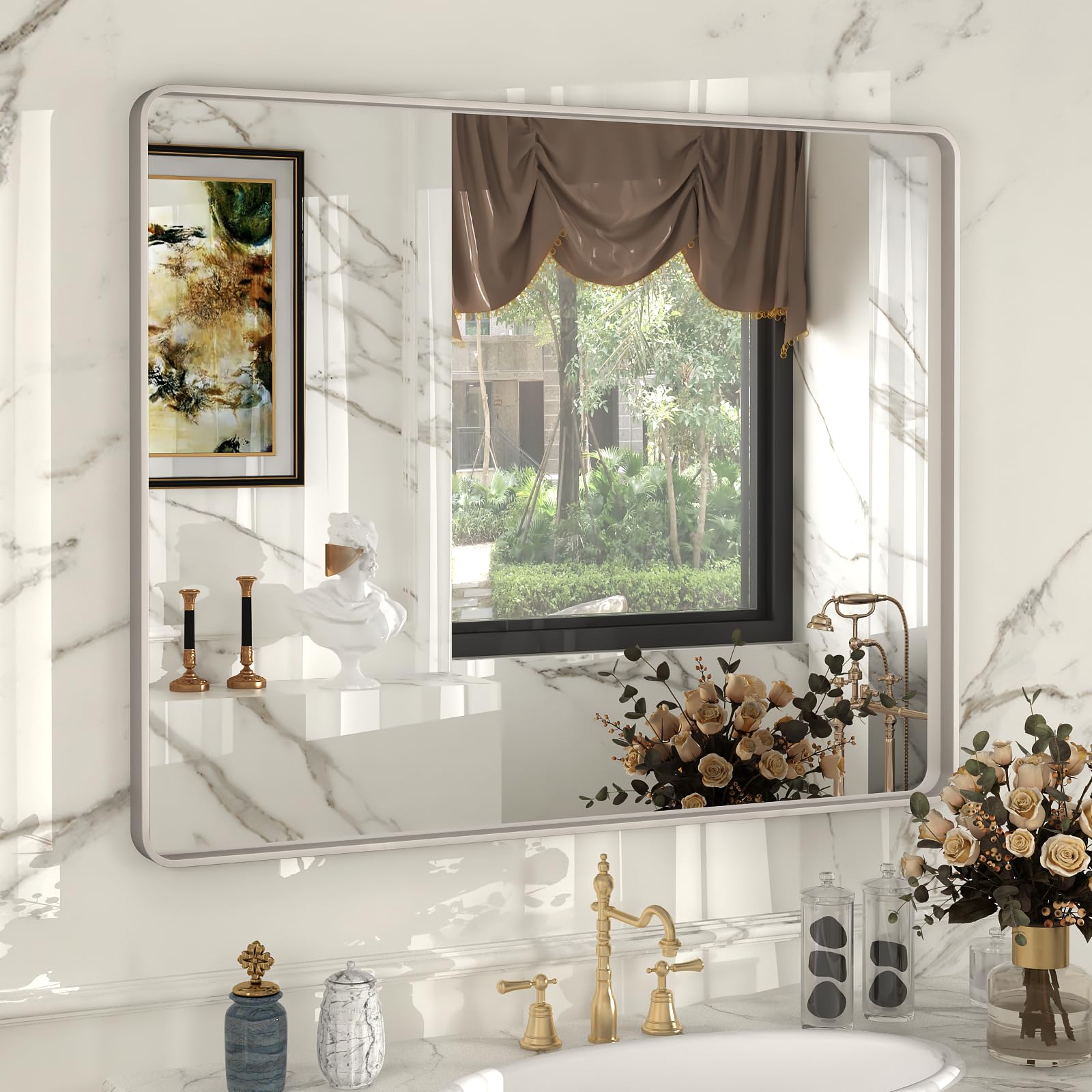 40x32 Inch Brushed Silver Metal Framed Bathroom Mirror - Shatterproof & Anti-Rust Wall Mirror for Vanity with Rounded Corners (Horizontal/Vertical Mounting) - Perfect for Modern Bathrooms, Bedrooms and Entryway Décor