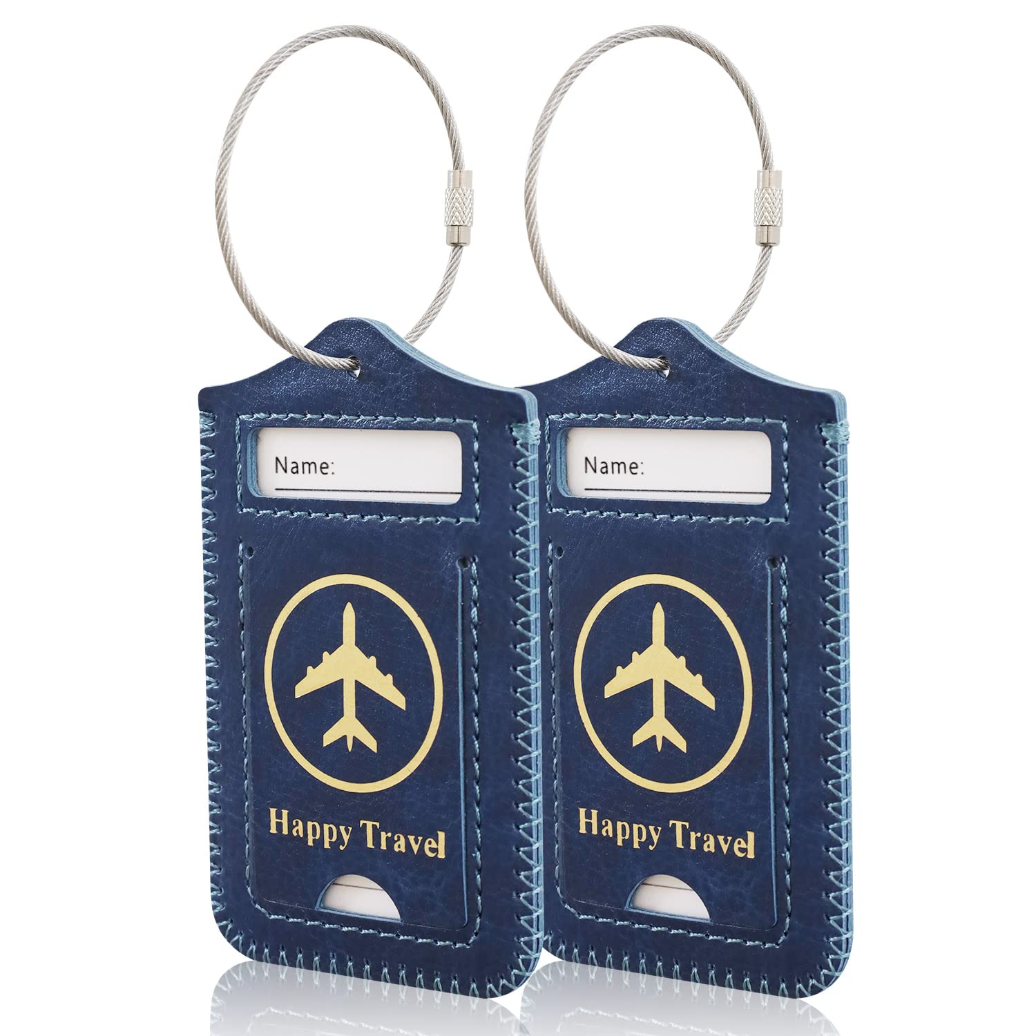 ACdream 2-Pack Leather Luggage Tags with Privacy Cover - Cruise ID Labels for Suitcase, Backpack & Travel Bags - Durable Navy Blue Name Tags for Women, Men & Kids (Perfect for Air Travel, Cruise Vacations & Business Trips)