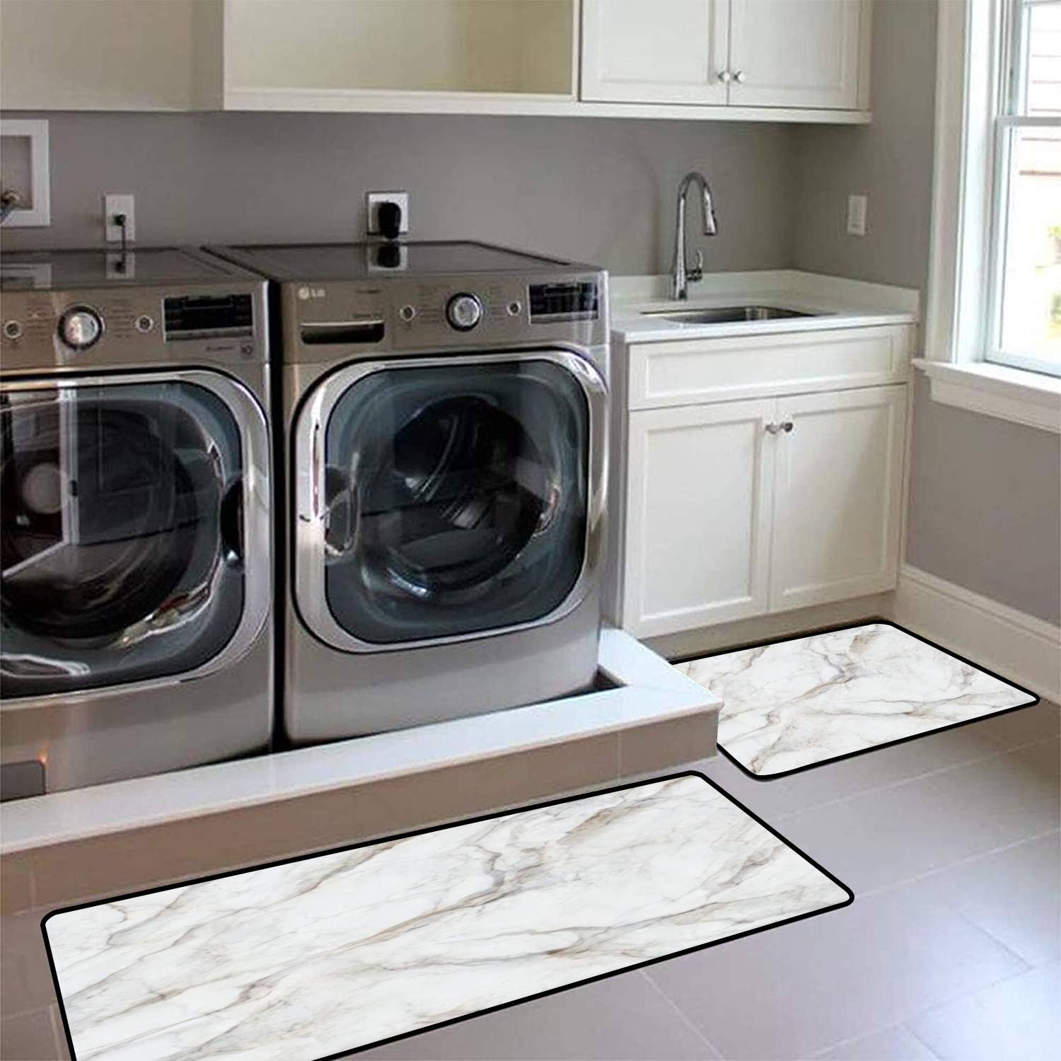 Non-Slip Washable Kitchen Rugs Set - Abstract Marbling Texture White Marble with Grey Beige Veins - Anti-Fatigue Floor Mats for Cooking & Standing Comfort - Perfect for Kitchen, Bathroom & Entryway Decor