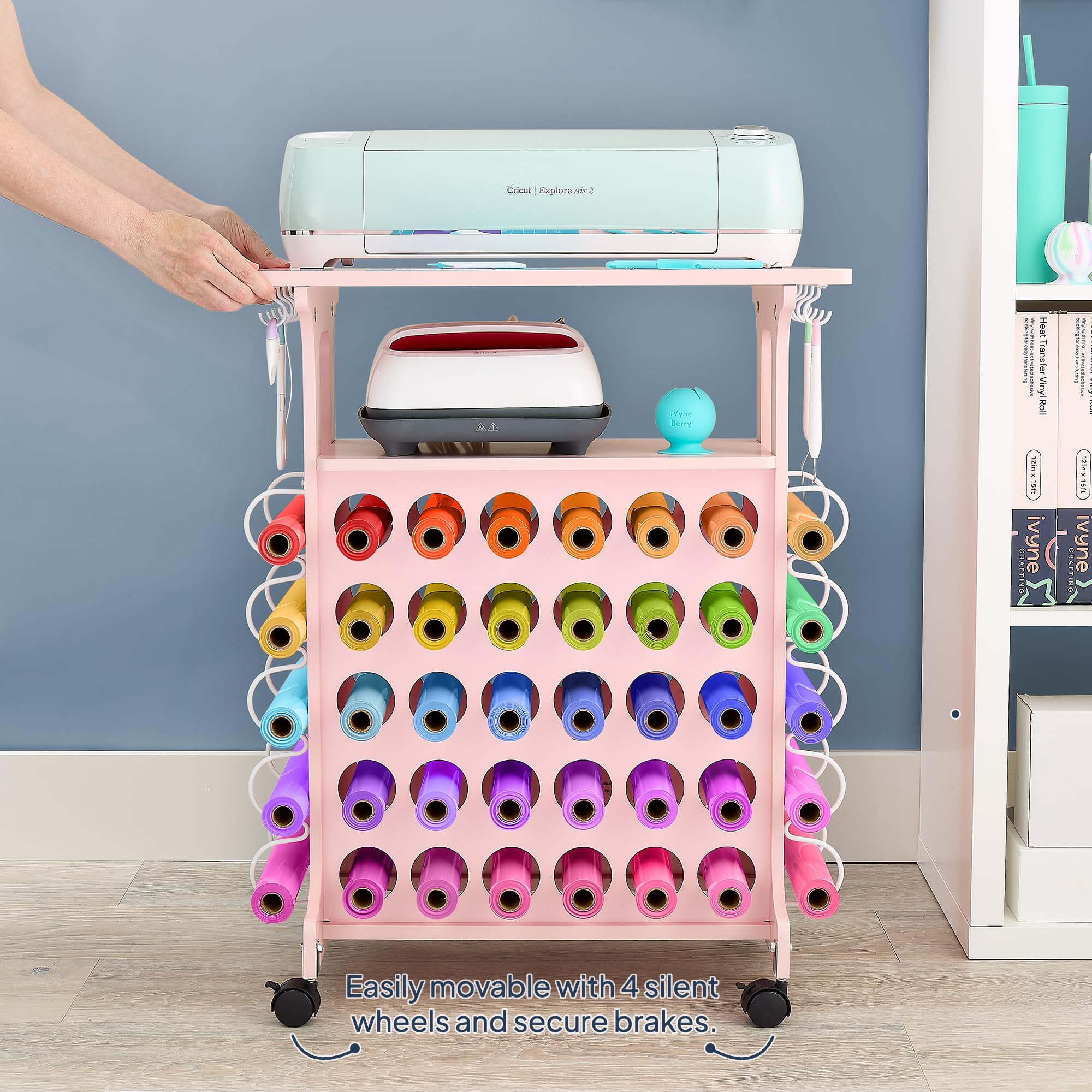 iVyne Vinyl Storage Cart - 40 Vinyl Roll Holders for Cricut Organization, Compact Craft Cart with Wheels & Tool Holders - Compatible with All Cricut Machines - Perfect for Craft Rooms, DIY Projects & Home Decor - Pink