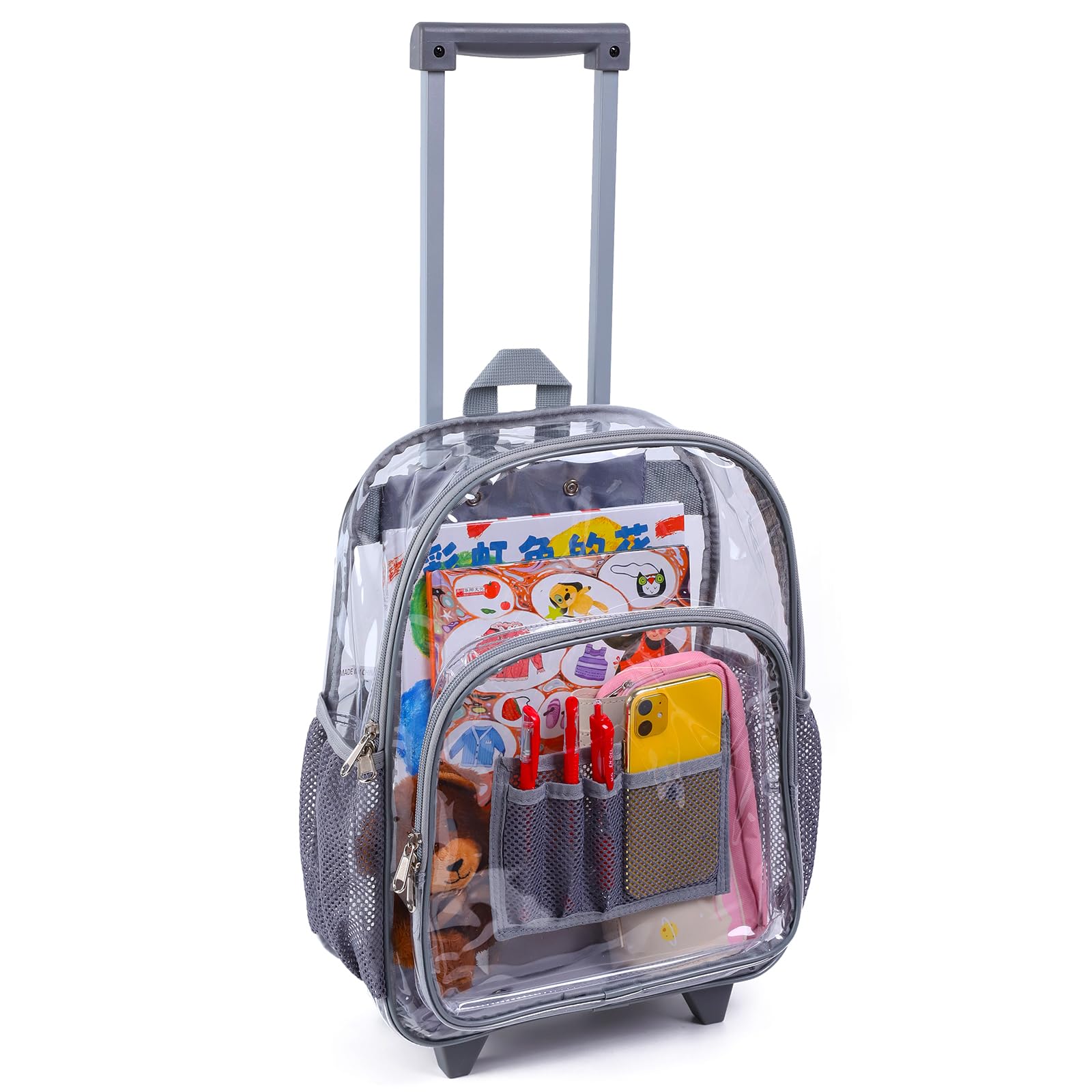Durable Rolling Clear Backpack - Heavy Duty Cold-Resistant Transparent PVC Wheeled Backpack for School, Travel & Security Checks (Grey)