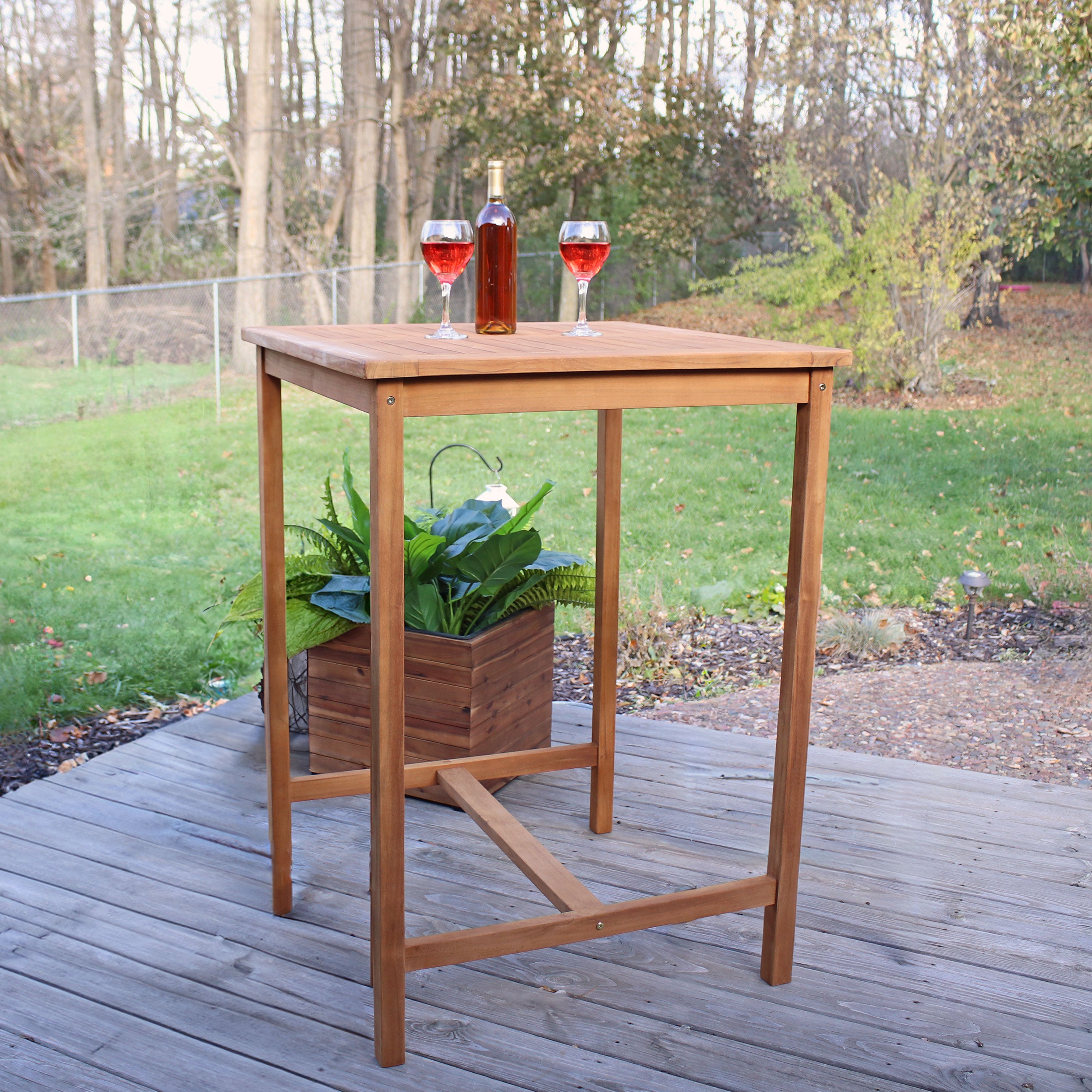 Premium Sunnydaze Teak Wooden Bar Table - 31 Inch Square Outdoor Patio Furniture for Backyard, Deck, and Poolside Relaxation