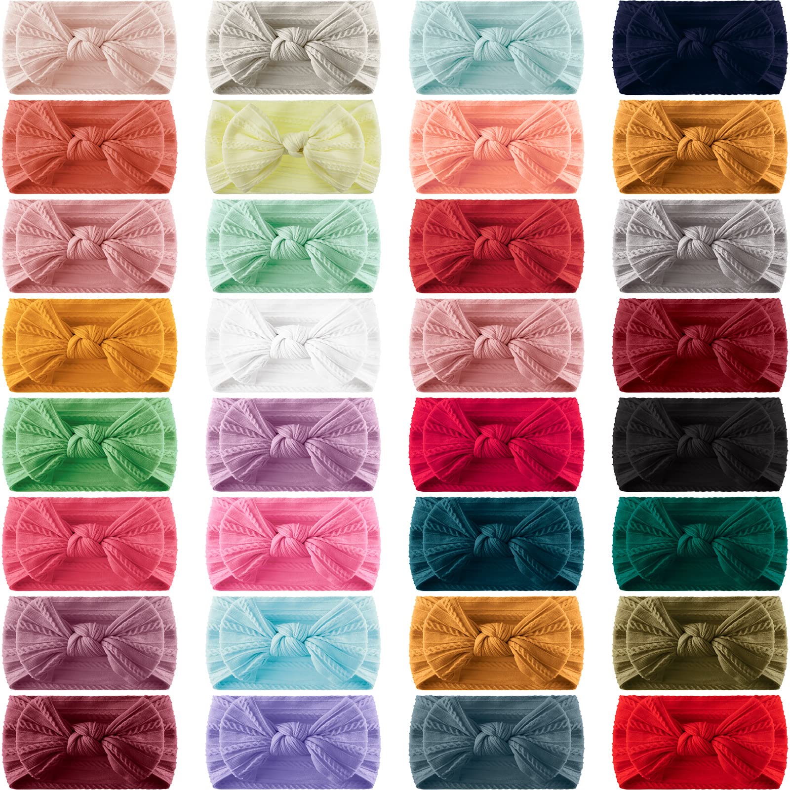 32 Pcs Baby Nylon Headbands with Bows - Soft Stretchy Hairbands for Newborn Girls & Toddlers - Handmade Jacquard Hair Accessories for Daily Outfits & Photo Shoots