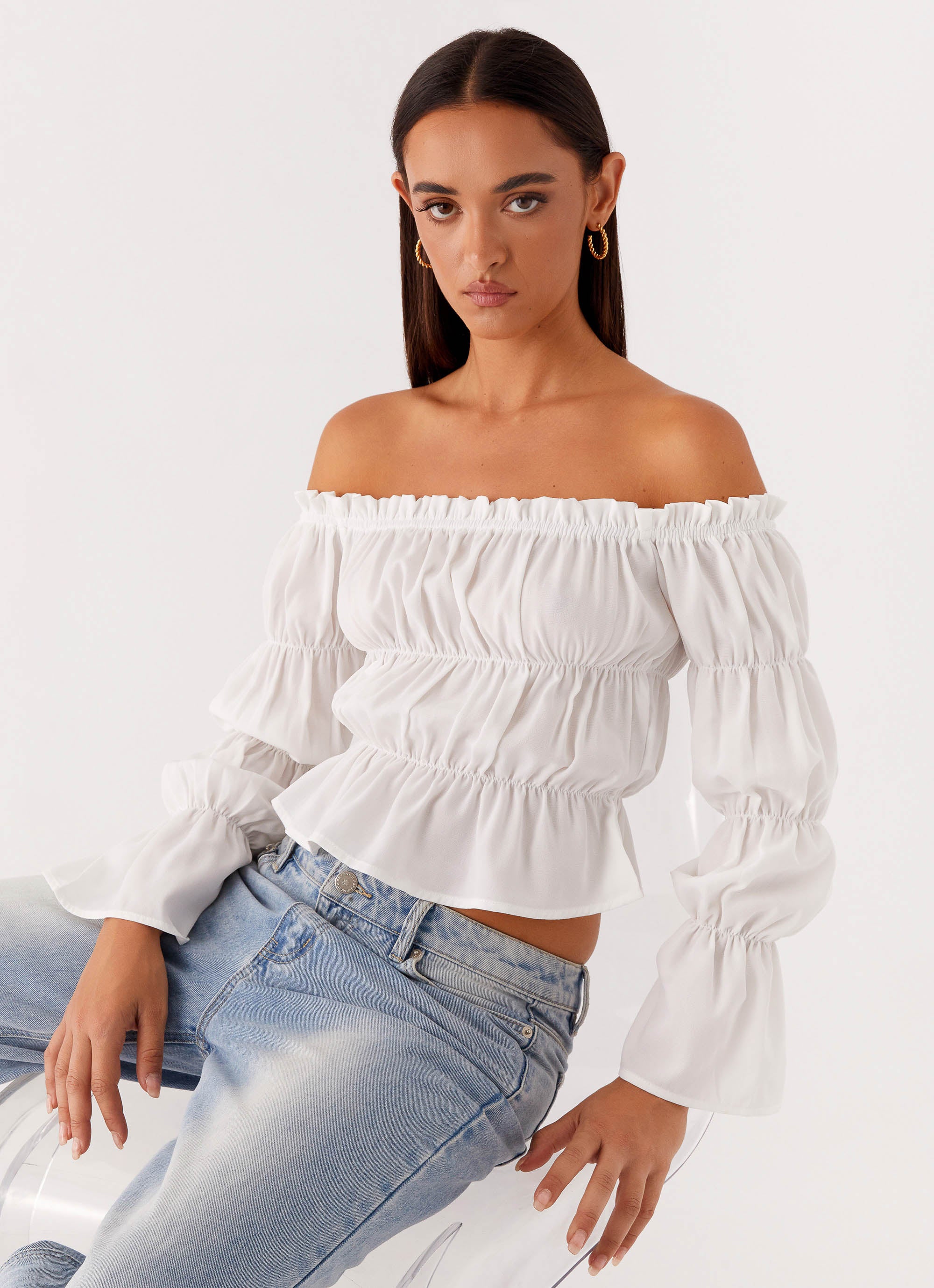 Imara Ruched Long Sleeve Tops for Women - Elegant Ivory Blouse for Casual & Party Wear | Office Outfit, Date Night, Special Occasions
