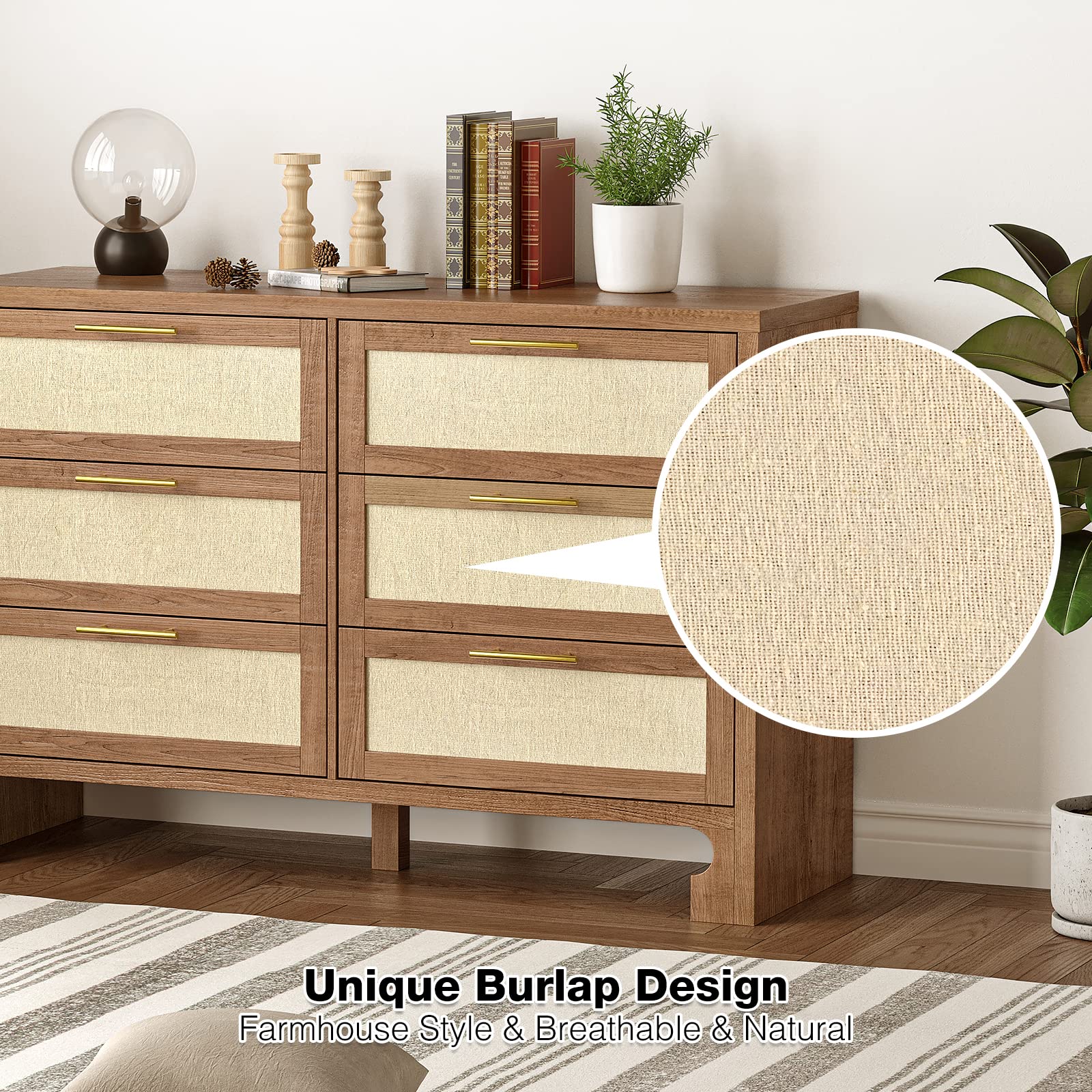 Mid Century Modern 6-Drawer Wooden Dresser with Burlap Fabric - Boho Style Storage Cabinet for Bedroom, Living Room, Nursery & TV Stand | Solid Wood Legs & Wide Chest of Drawers for Home Organization & Stylish Decor