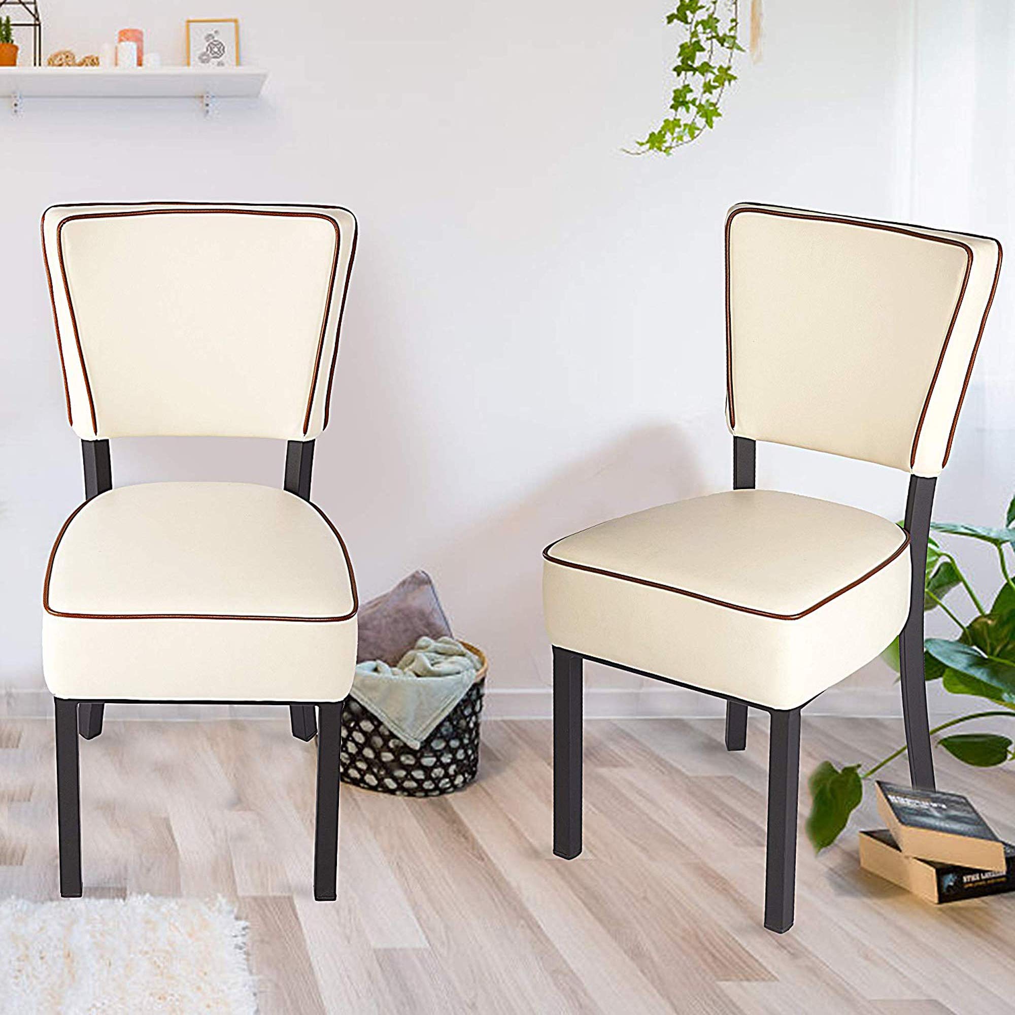 2 Pack Upholstered Dining Chairs - 18 Inch Back Height PU Leather Padded Seats with Sturdy Steel Legs in Beige | Perfect for Kitchen, Dining Room, Restaurant and Office Use