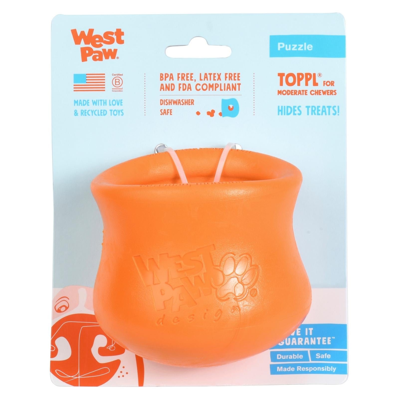 West Paw® TOPPL Interactive Puzzle Treat Toy for Dogs - Orange - Fun Brain Game & Reward Dispenser for Training, Chewing & Mental Stimulation