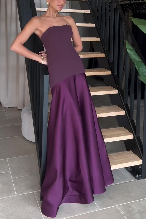 Timeless Elegance Satin Patchwork Strapless Flare Gown Maxi Dress for Women | Formal Evening Gown for Prom, Wedding, Red Carpet Events