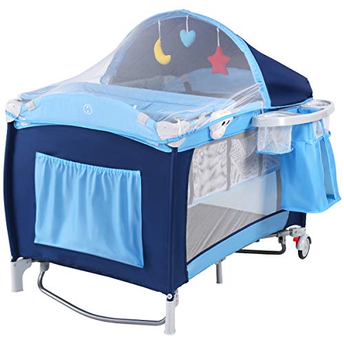 Costzon 4-in-1 Portable Baby Playard with Bassinet, Adjustable Canopy & Music Box | Side Zipper Entry, Wheels & Brake, Storage Basket | Travel Crib for Indoor, Outdoor, Nursery & Playtime | Includes Whirling Toys for Infant Entertainment