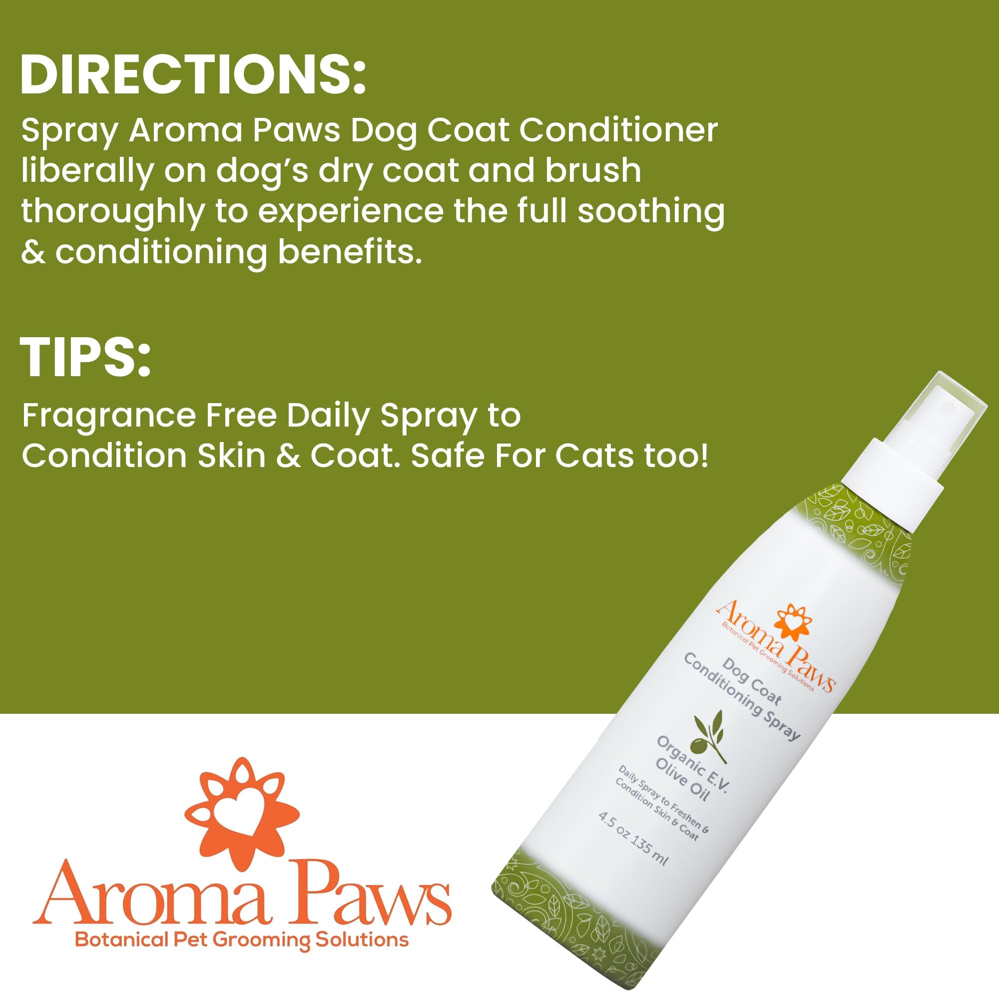 Natural Olive Oil Dog Coat Spray - Detangling, Cleansing & Moisturizing for Puppies & Dogs | Toxin-Free Aromatic Grooming Spray | Loosens Knots & Tangles | 4.5 oz | Perfect for Daily Grooming, Show Prep & Post-Bath Care