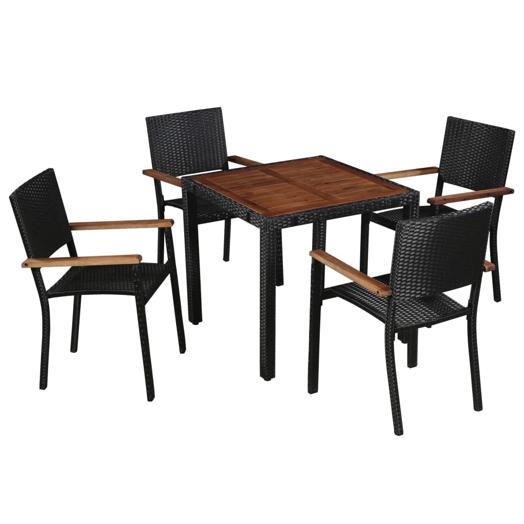 5-Piece vidaXL Patio Dining Set with Wood Tabletop - Outdoor Garden Furniture for Balcony, Deck, or Backyard - Black Poly Rattan & Acacia Wood Dining Table Set - Perfect for Outdoor Entertaining and Family Gatherings