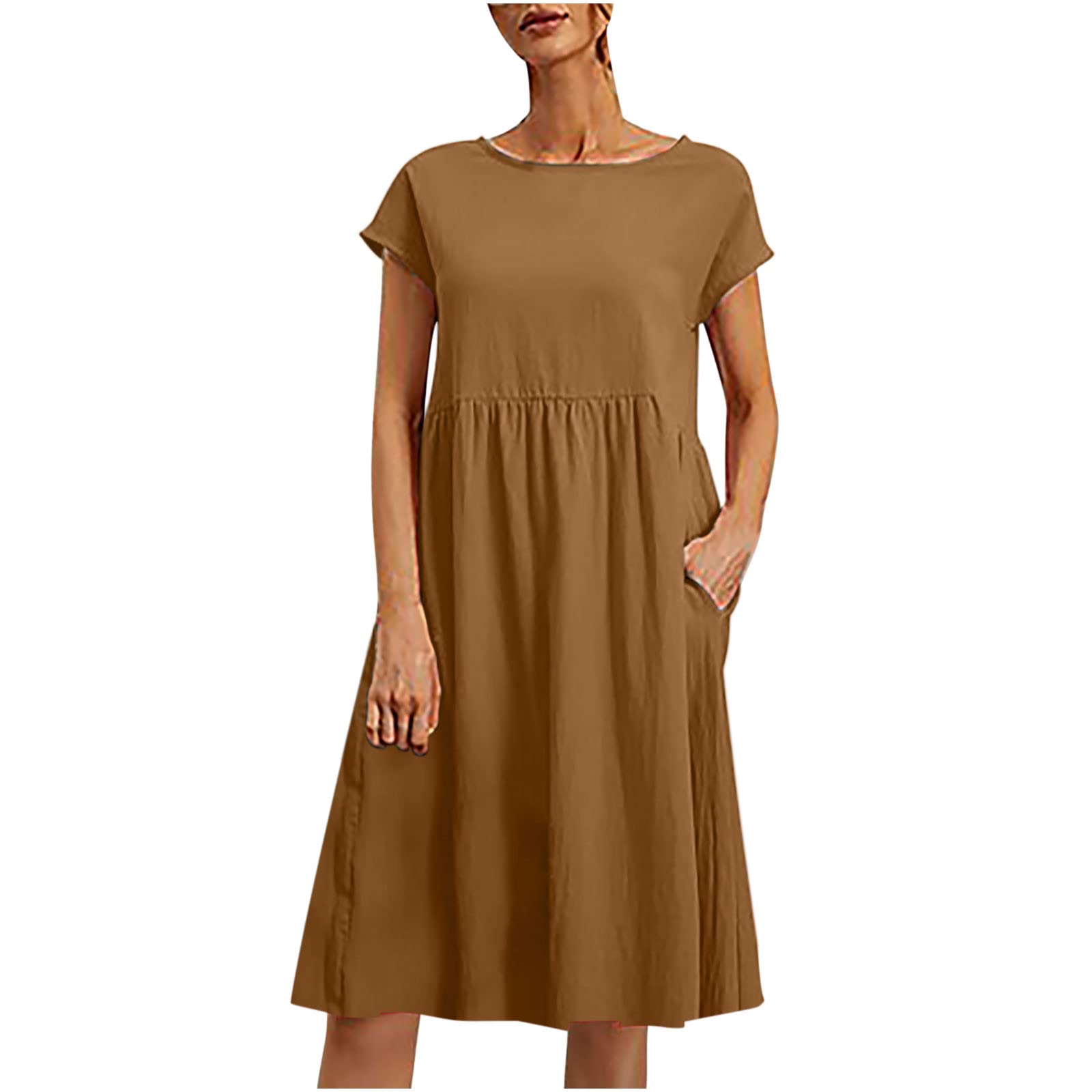 BFAFEN Women's Cute Summer Dress - Round Neck Short Sleeve Midi Dress in Solid Colors | Breathable Cotton Linen Blend | Casual Loose Fit for Beach, Vacation & Everyday Wear