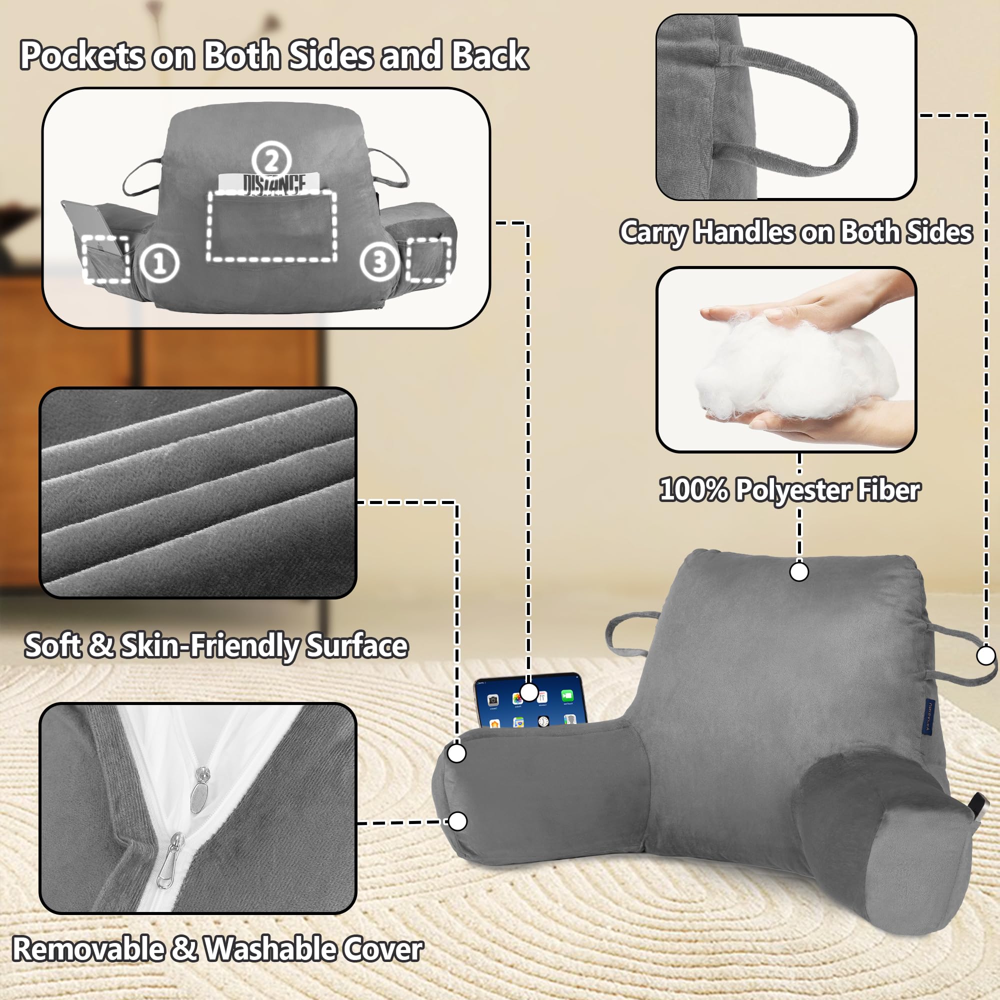 Portable Comfort Reading Pillow for Adults - Grey Bed Pillow with Arms & Pockets, Elastic Sponge Support & Washable Cover - Perfect for Reading, Watching TV, Gaming & Relaxing in Bed or on the Floor