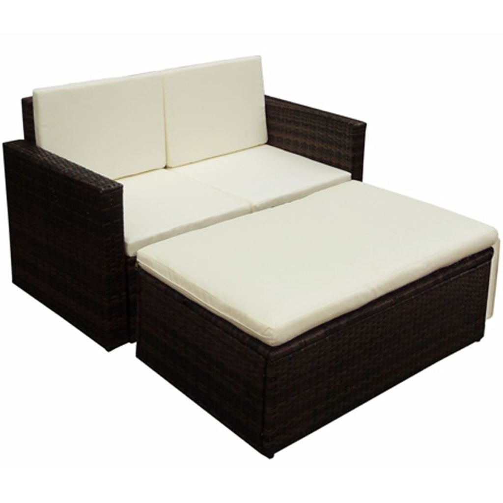 2-Piece Brown Poly Rattan Garden Lounge Set with Cushions & Footrest - Outdoor Patio Conversation Furniture for Garden, Balcony, Beach, Coffee Bar & Deck - Perfect for Relaxing, Sunbathing & Entertaining Guests