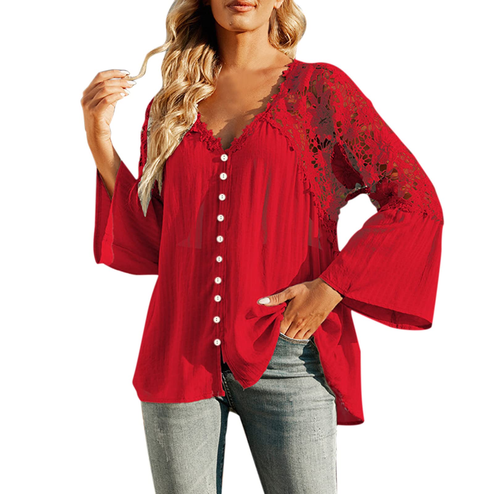 Women's Lace Crochet V-Neck Long Sleeve Button Down Shirt - Elegant Casual Tops for Women | Perfect for Office, Date Night & Spring Outfits