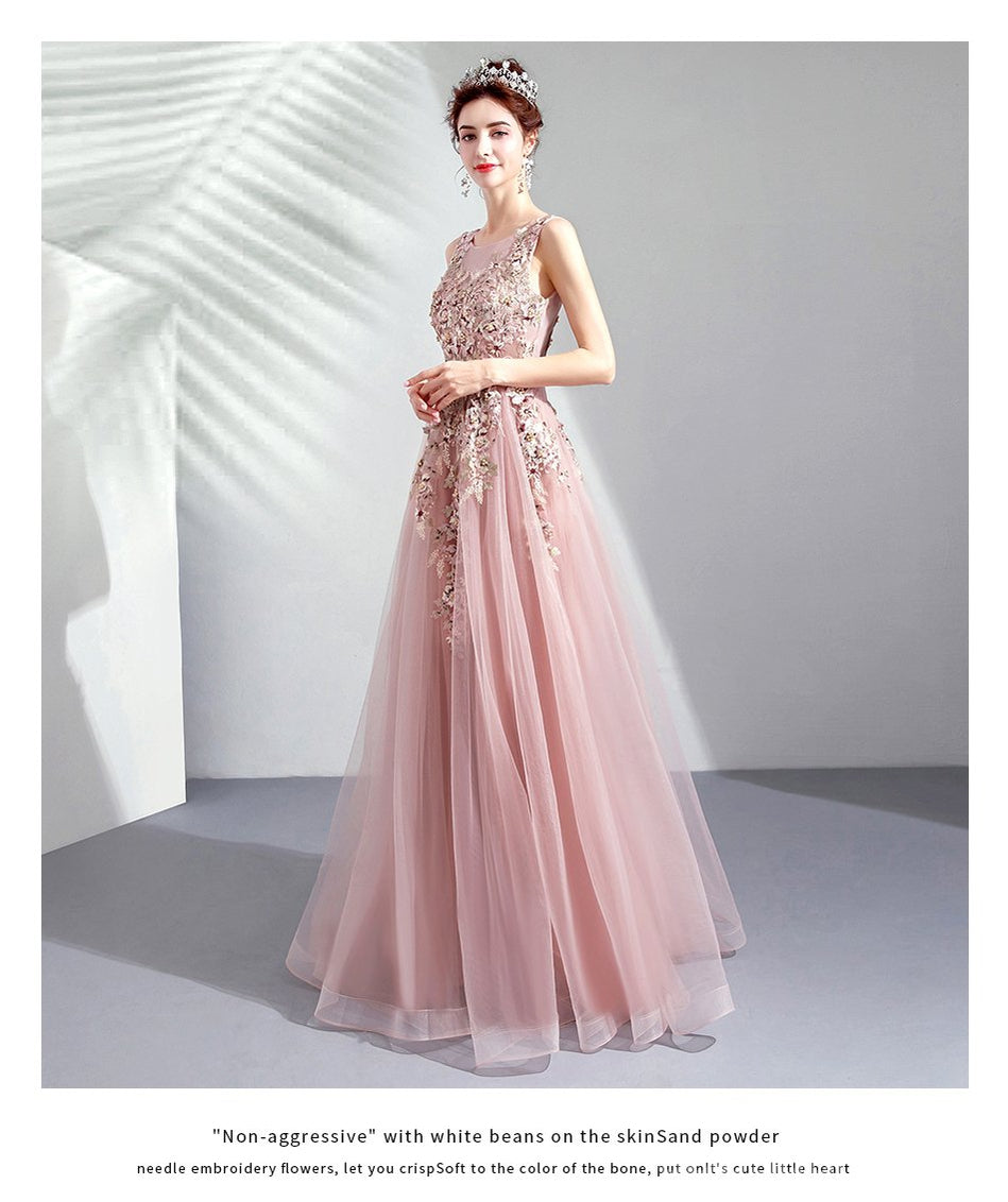 Elegant Floral A-Line Pink Jewel Long Prom Dress for Women | Affordable Party & Dance Gowns | Perfect for Homecoming, Prom Night & Formal Events
