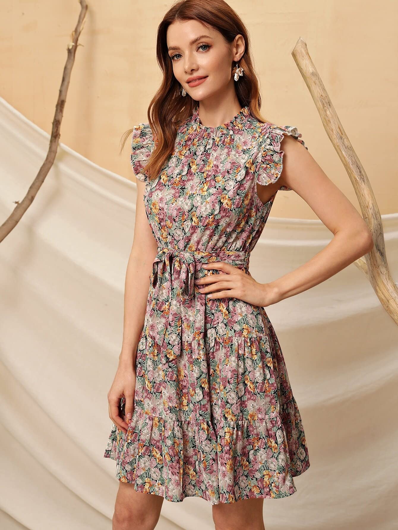 Boho Floral Print Ruffle Hem Belted Dress for Women - Perfect for Summer Parties, Beach Vacations & Casual Outings