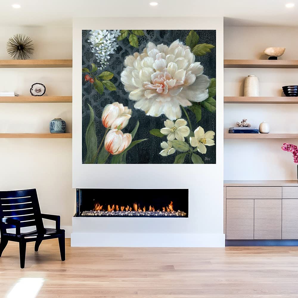 Midnight Garden II Botanical Canvas Wall Art - 37x37 Inch Hand-Painted Floral Decor for Bathroom & Bedroom | Nature-Inspired Home Decor by Artist Nan | Perfect for Spa, Living Room & Office Decor
