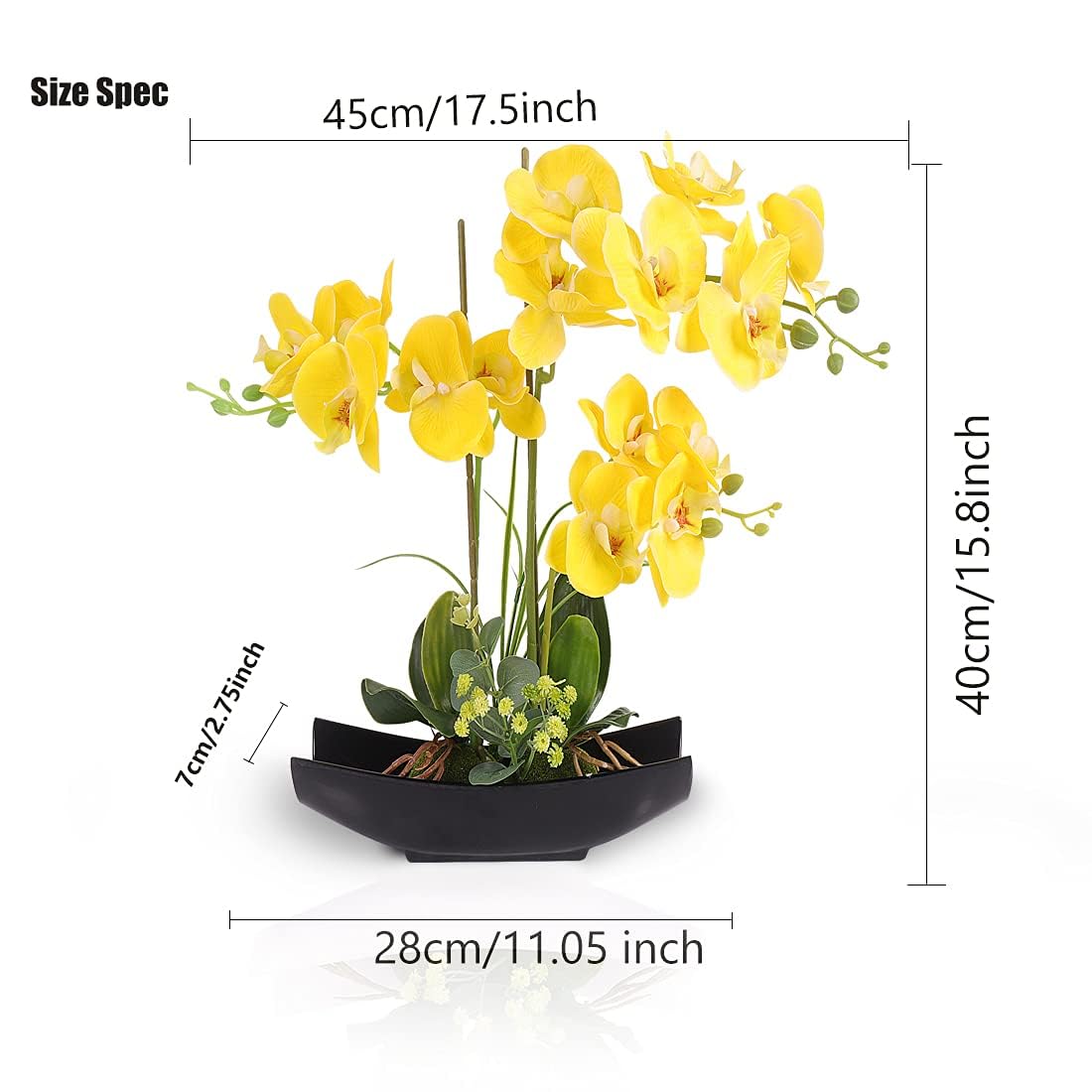 YOBANSA Real Touch Silk Orchid Artificial Flowers in Pot - Lifelike Phalaenopsis Fake Orchid Arrangement for Home Decor (Yellow) | Perfect for Living Room, Office & Wedding Centerpieces