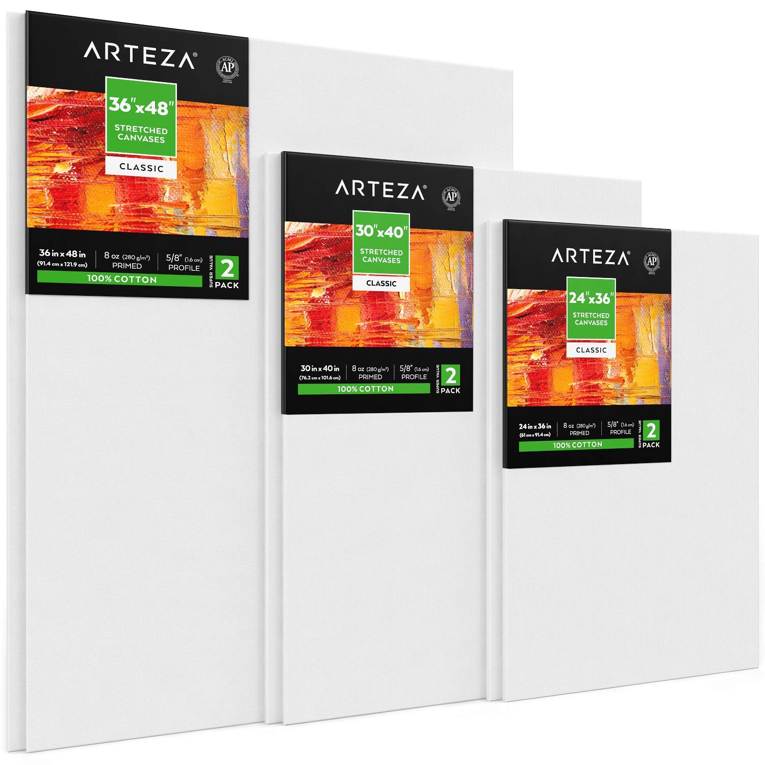 Arteza Stretched Canvas for Painting - Pack of 2, 24x36 Inches (61x91.4 cm), 8-oz Gesso Primed 100% Cotton Large Artist Canvases for Acrylic Painting, Oil & Pouring Art - Perfect for Studio, Classroom & Home Art Projects - White