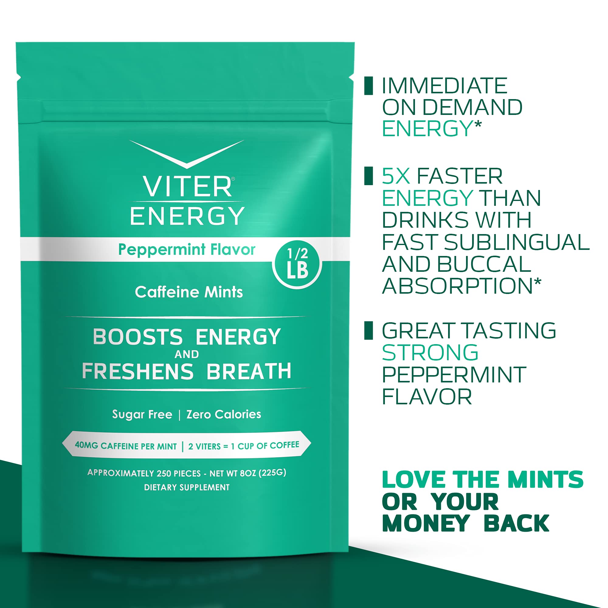 Viter Energy Caffeinated Mints - 40mg Caffeine Per Mint with B Vitamins, Sugar Free, Peppermint Flavor - 8oz Bulk Bag for Energy Boost at Work, Gym or Travel