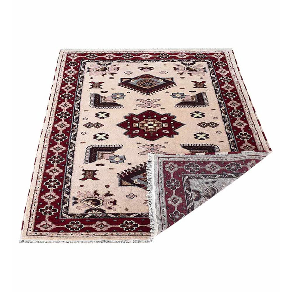 Hand Knotted Wool & Silk Eco-Friendly Oriental Area Rug 5'x8' Rectangle - Cream & Red Traditional Design, Medium Pile Handmade Rug (AF0121) for Living Room, Bedroom & Home Decor