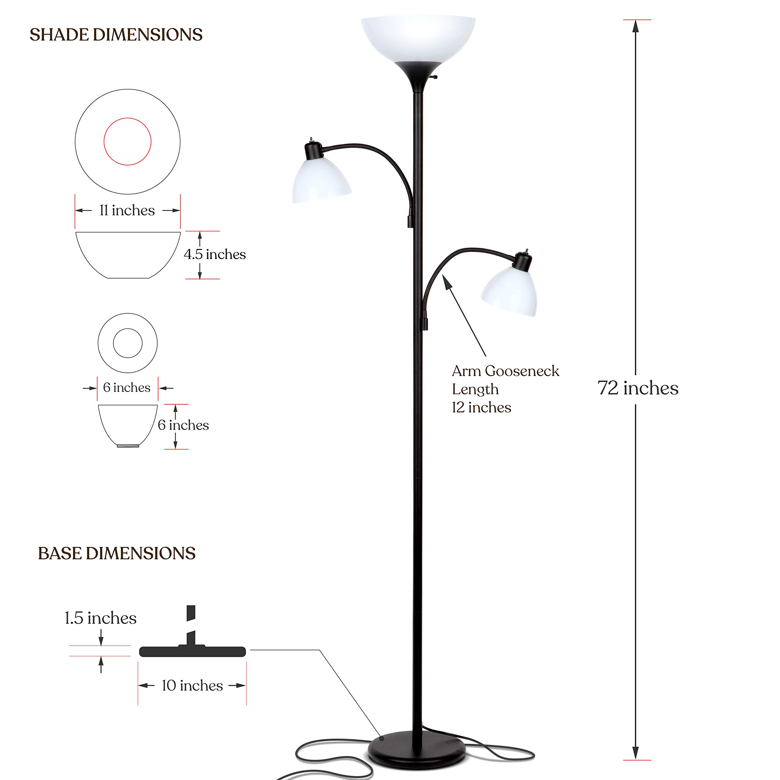 Brightech Sky Dome Double LED Floor Lamp - Super Bright Torchiere with 2 Adjustable Reading Lights, Dimmable Tall Standing Lamp for Living Room, Office & Bedroom - Black Modern Floor Light for Reading, Working & Relaxing