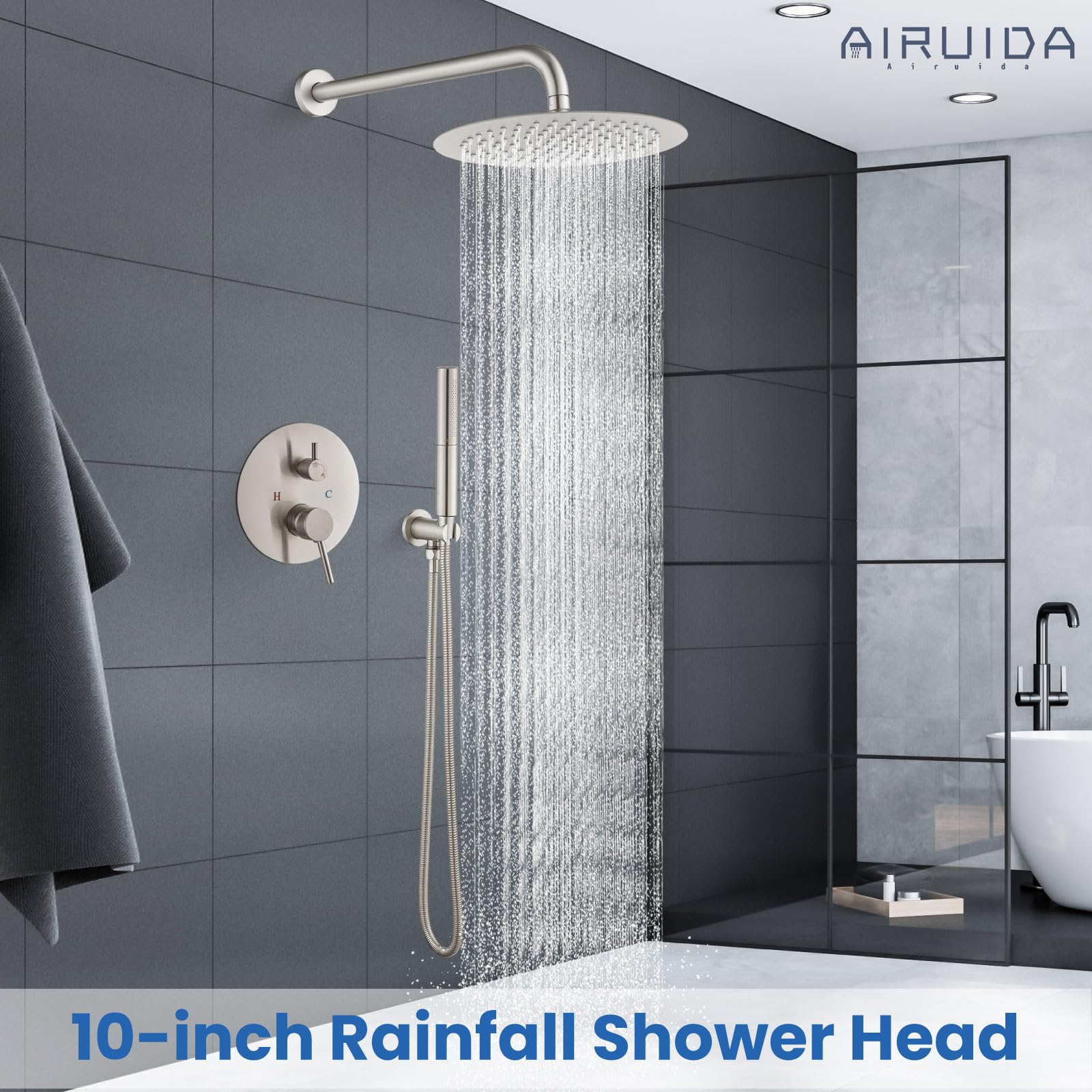 Airuida 2-Function Wall Mounted Shower Faucet Set - High Pressure Brass Handheld Shower with Rough-in Valve & 10 Inch Rainfall Shower Head in Brushed Nickel for Bathroom | Perfect for Spa-Like Experience and Water-Saving Showers