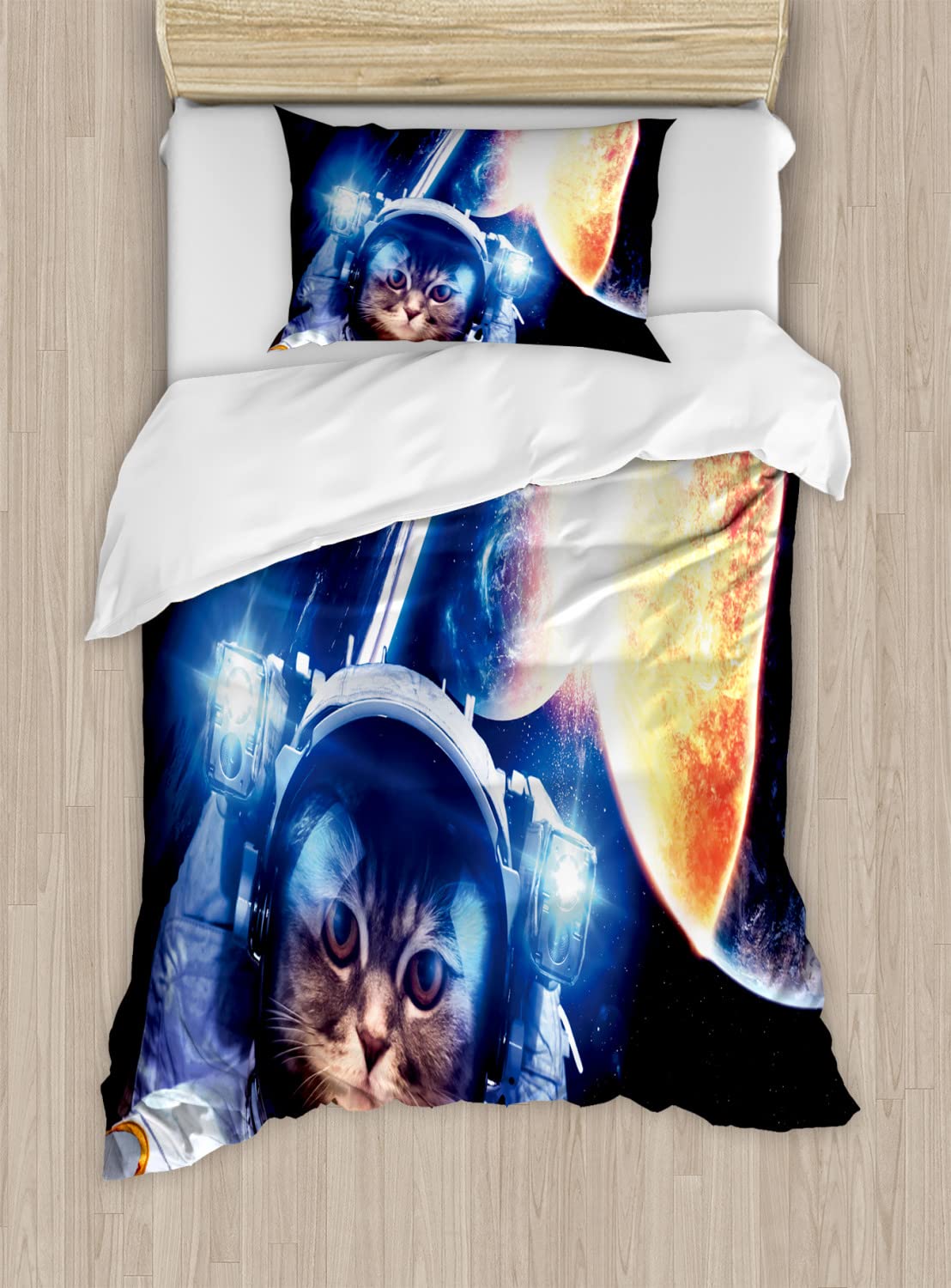 Ambesonne Space Cat Duvet Cover Set - Queen Size 2-Piece Bedding with 4 Pillowcases | Kitten in Suit & Cosmic Galaxy Design (Dark Blue & Orange) | Perfect for Astronomy Lovers' Bedroom Decor & Gift Ideas