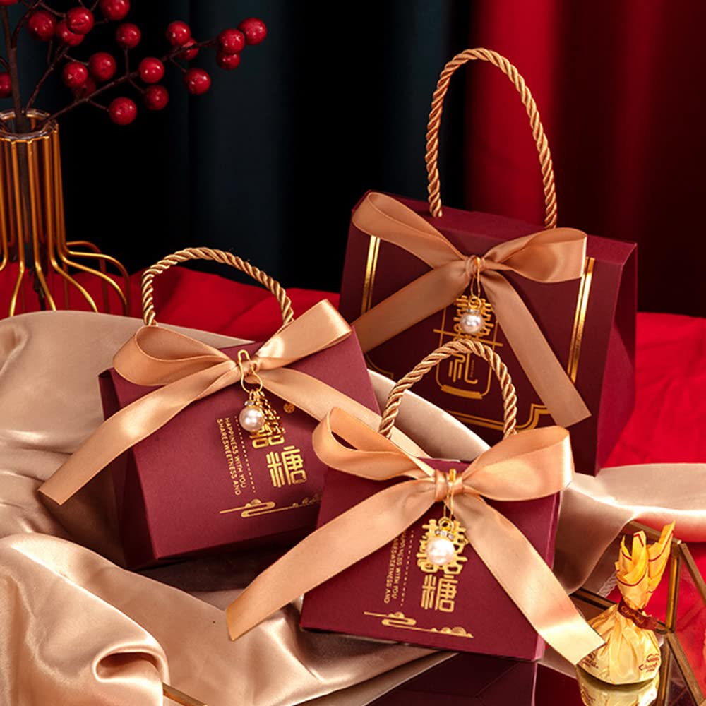 50 Pack Chinese Wedding Candy Boxes with Ribbon - Romantic Burgundy Wedding Favors, Bridal Shower Supplies, Party Decor for Asian Weddings & Anniversary Celebrations