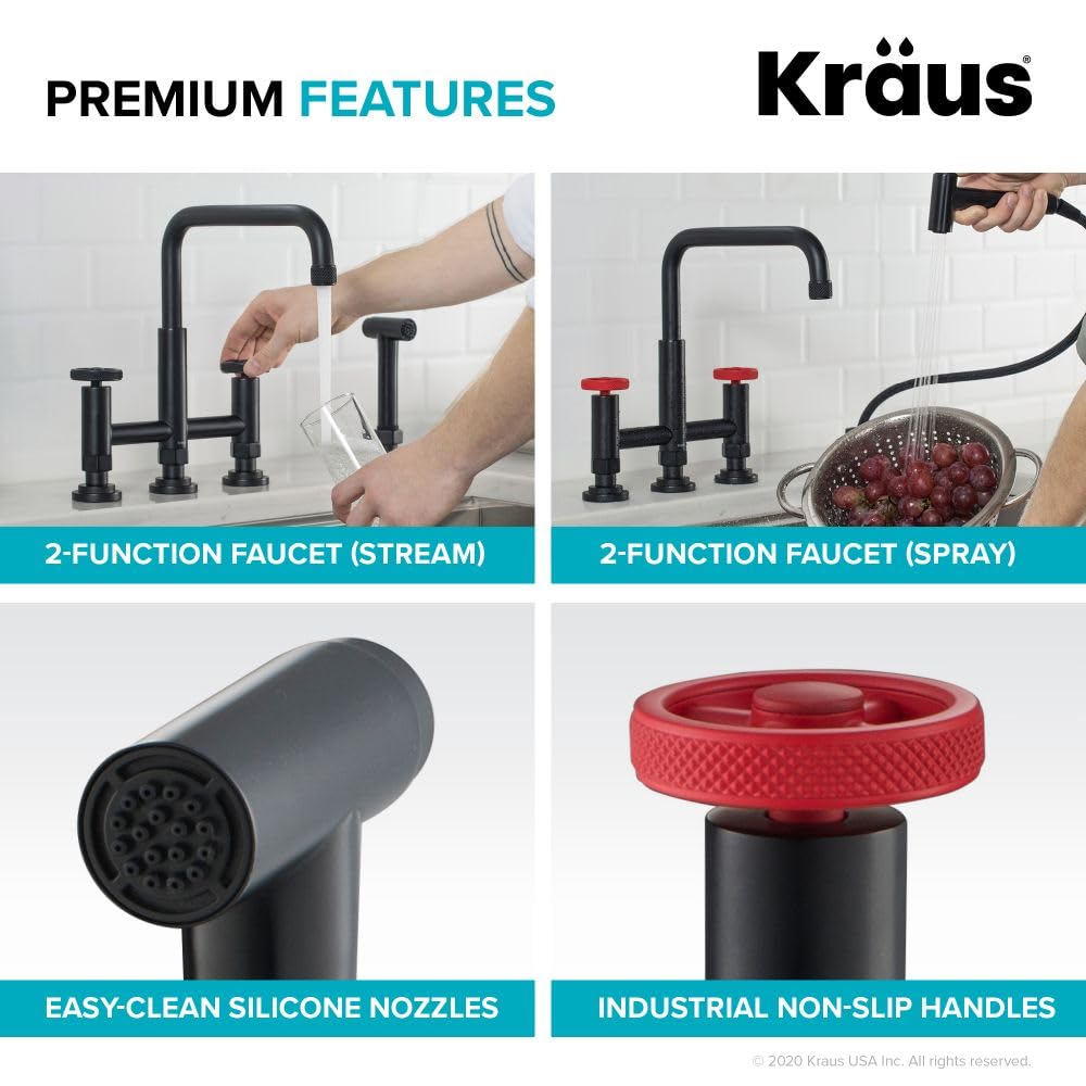 KRAUS Urbix Industrial Bridge Kitchen Faucet with Water Filter - Matte Black & Red Finish | KPF-3125-FF-101MBRD | Perfect for Modern Farmhouse & Industrial Style Kitchens