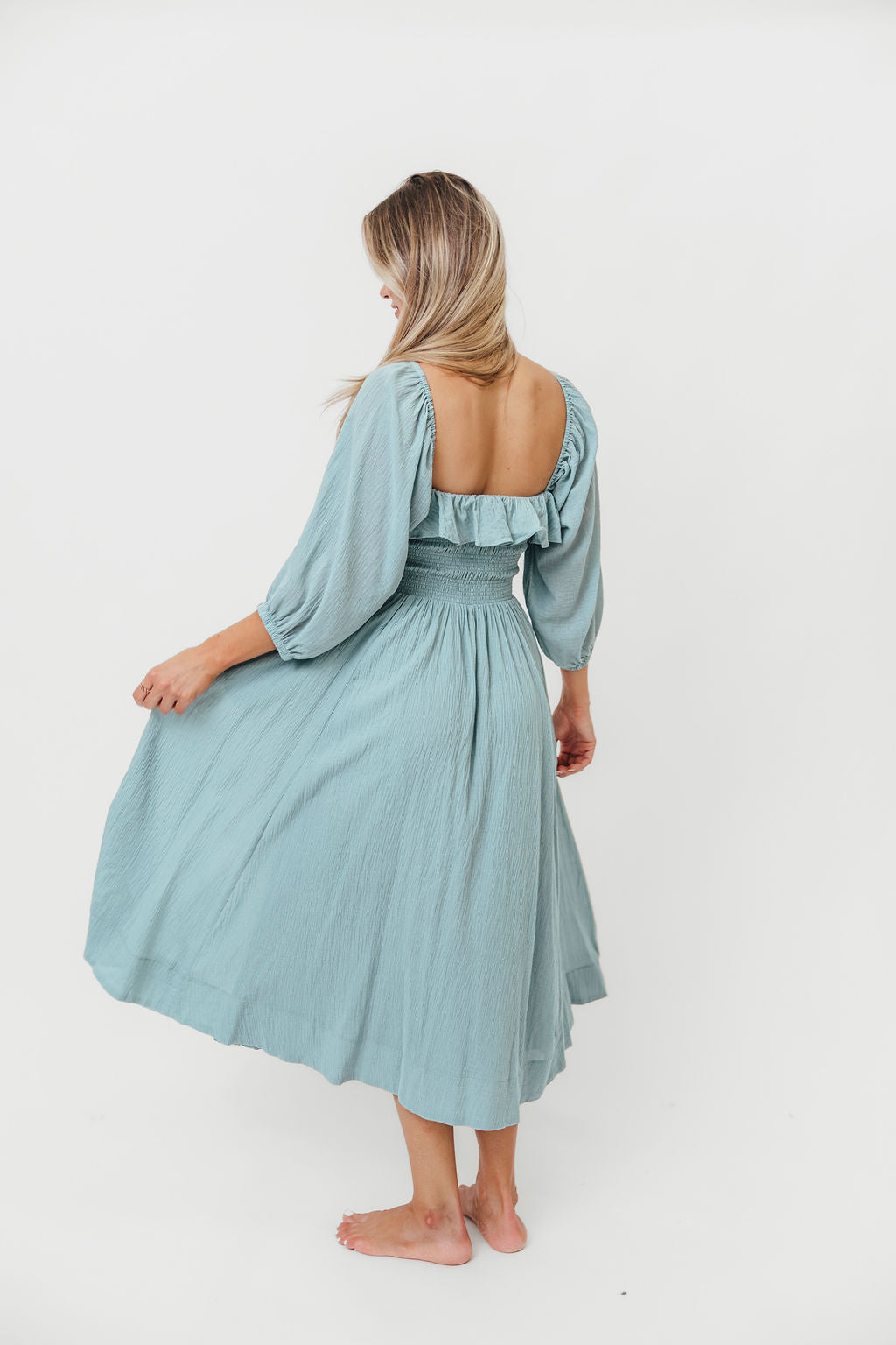 Miffy Ruffled Smocking Flowy Midi Dress in Mint Green - Perfect for Summer Weddings, Garden Parties & Casual Outings