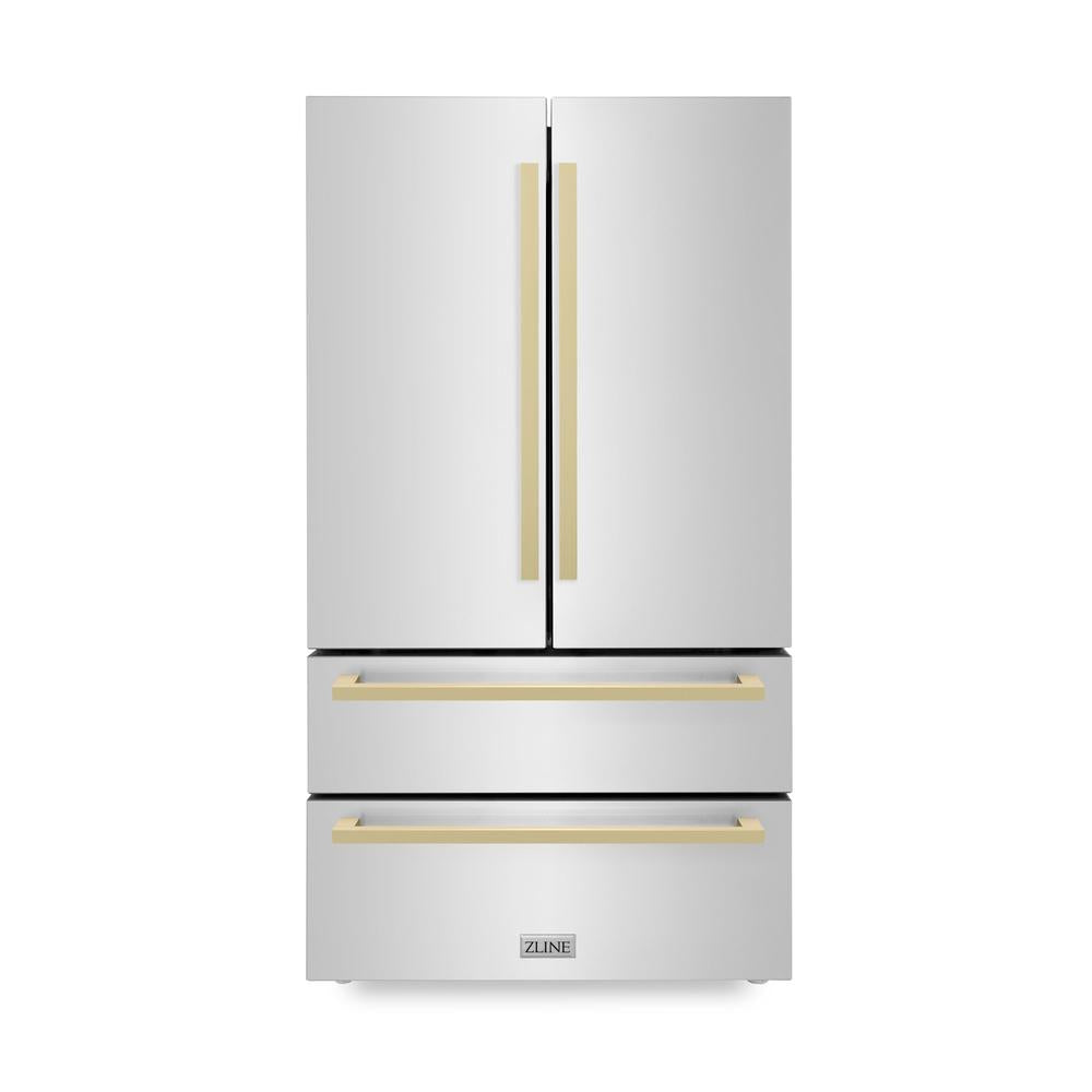 ZLINE Autograph Edition 36 Inch Counter Depth French Door Refrigerator - 22.5 cu.ft Capacity, Fingerprint Resistant Stainless Steel, Champagne Bronze Handles, Built-in Ice Maker - Perfect for Modern Kitchens & Open Concept Homes (RFMZ 36 FCB)