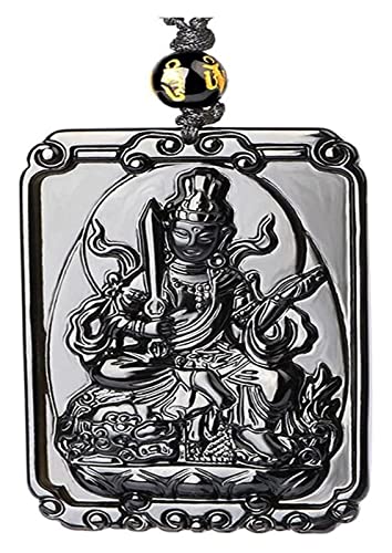 Hand Carved Natural Genuine Obsidian Manjushri Buddha Necklace Pendant - Spiritual Protection & Meditation Jewelry for Yoga, Buddhist Practice & Positive Energy
