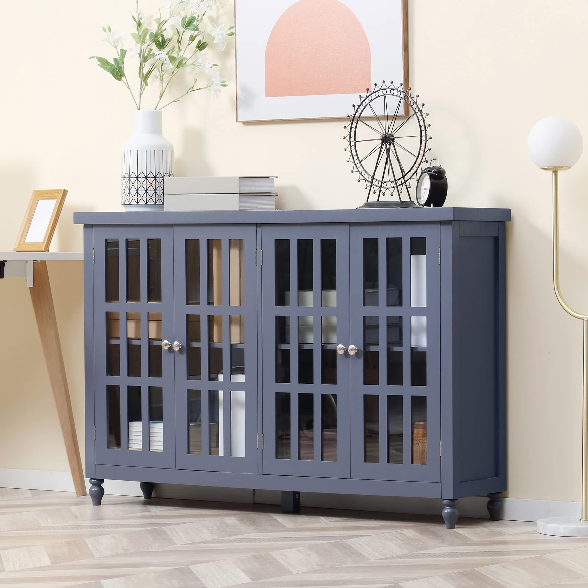 HOMCOM Gray Sideboard Buffet Cabinet with 4 Tempered Glass Doors, Stripe Pattern & Adjustable Shelves - Modern Credenza for Dining Room Storage & Living Room Organization