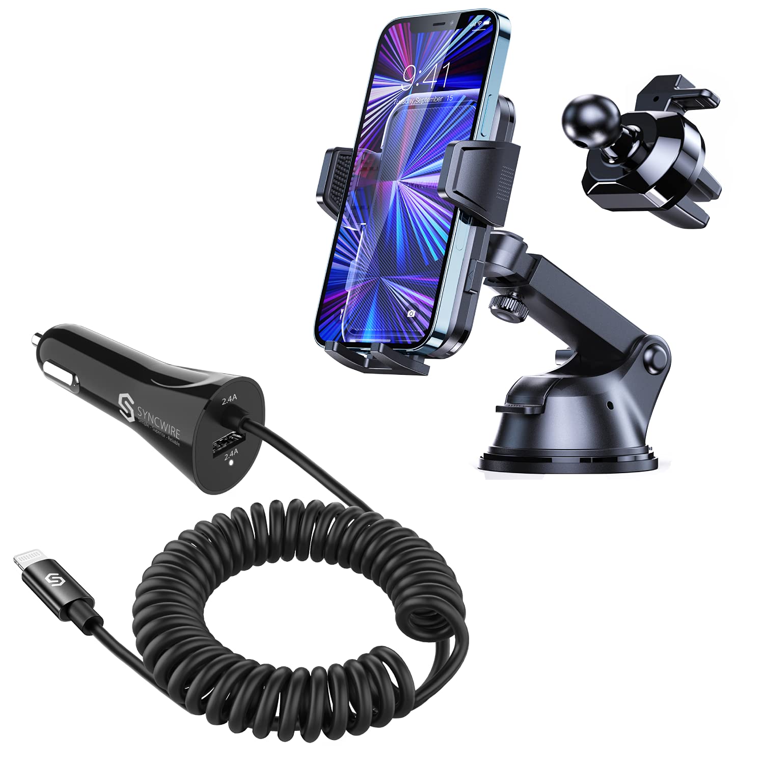Syncwire Apple MFI Certified iPhone Car Charger with Upgraded Long Arm Suction Cup Phone Mount Holder - Perfect for Road Trips, Commuting, and Hands-Free Navigation