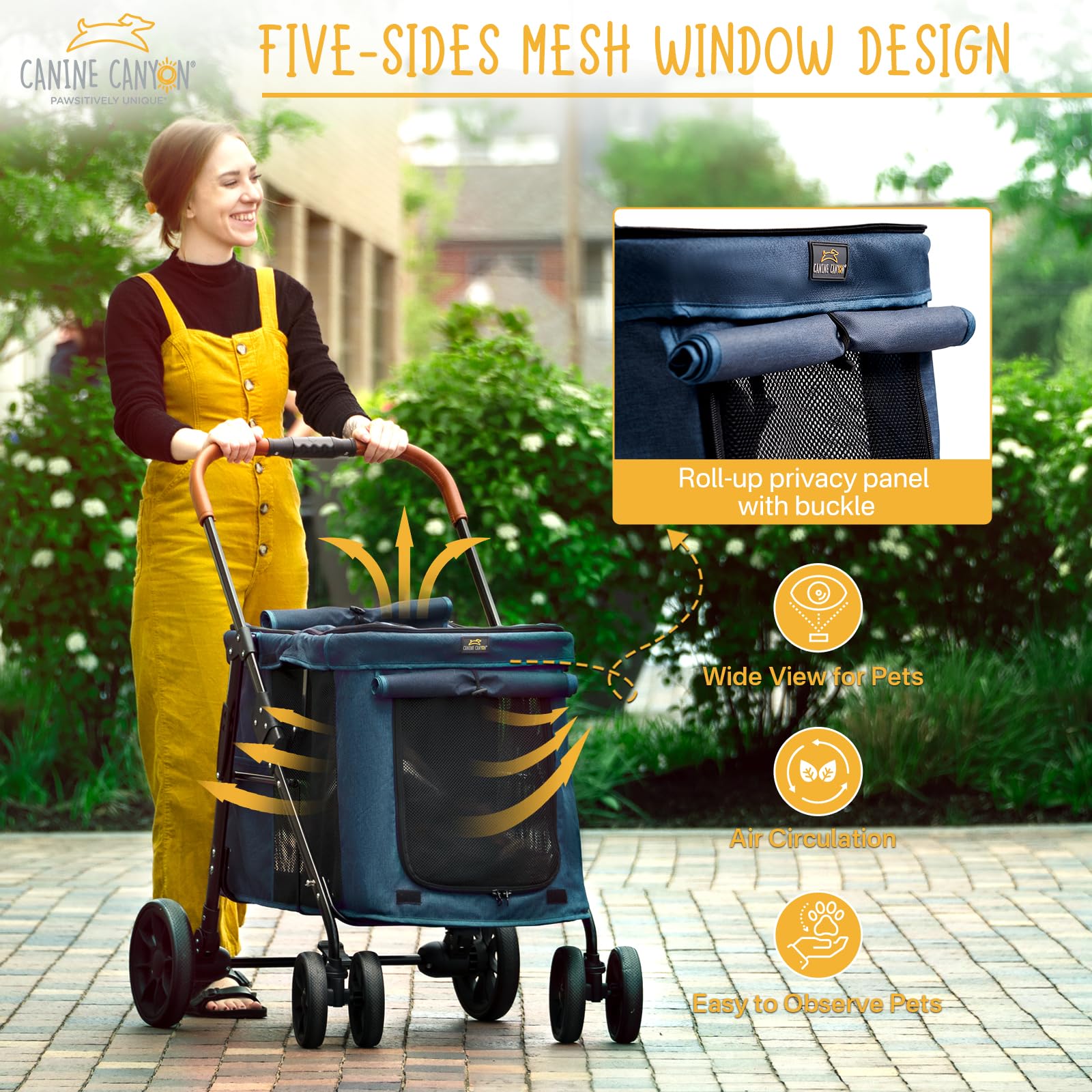 Upgraded 4 Wheel Pet Stroller for Small & Medium Dogs - One Button Fold, Adjustable Mesh Windows & Shades, 360° Swivel Front Wheels with Rear Wheel Brake | Perfect for Outdoor Walks, Park Visits & Vet Appointments