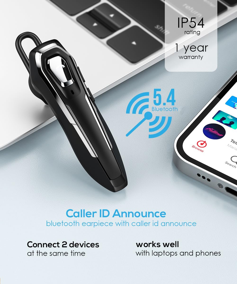V5.4 Wireless Bluetooth Headset with Noise Canceling Mic - Single Ear Headphone for Driving, 36Hrs Talk Time, Hands-Free Calling - Perfect for Truckers, Office Work & Online Meetings (Black)