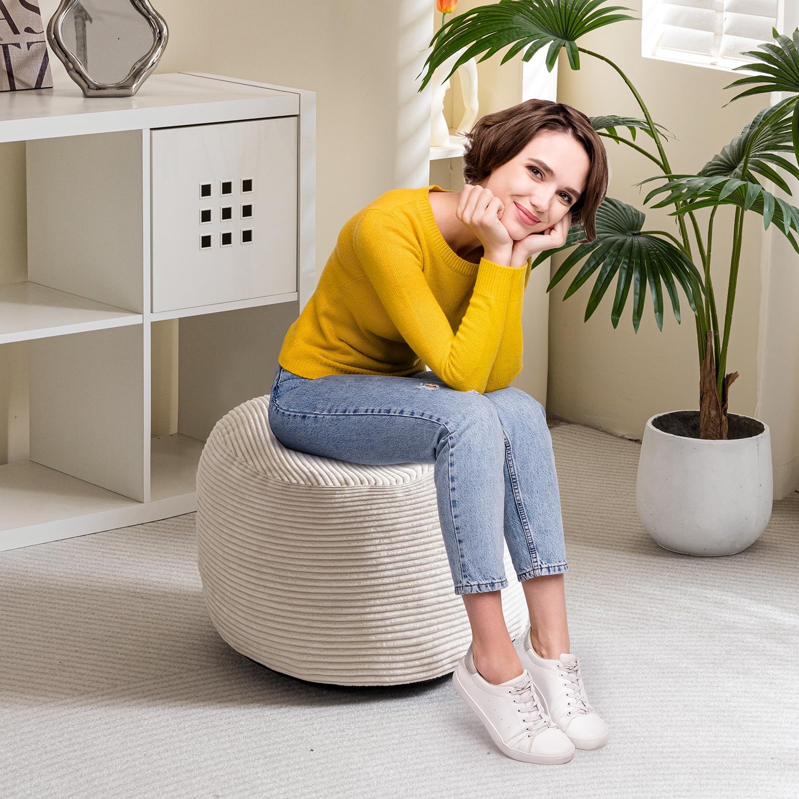 MAXYOYO Round Stuffed Pouf Ottoman - Corduroy Foam Filled Footrest, 20 x 15 Inches, Beige - Perfect for Living Room, Bedroom & Nursery Decor