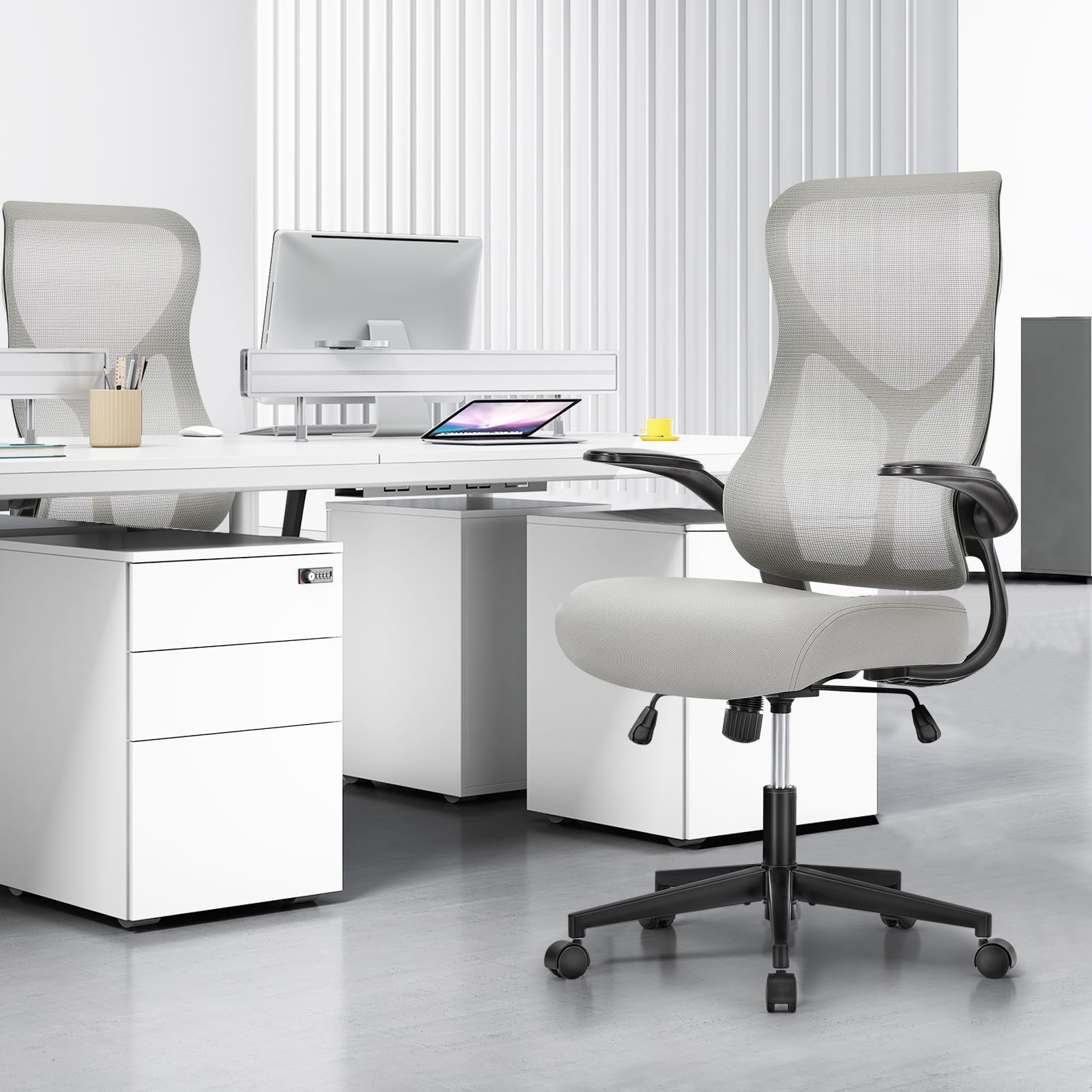 Ergonomic Office Chair with High Back - Adjustable Swivel Rolling Desk Chair with Flip-Up Arms & Breathable Mesh - Comfortable for Home Office, Gaming & Work - Grey