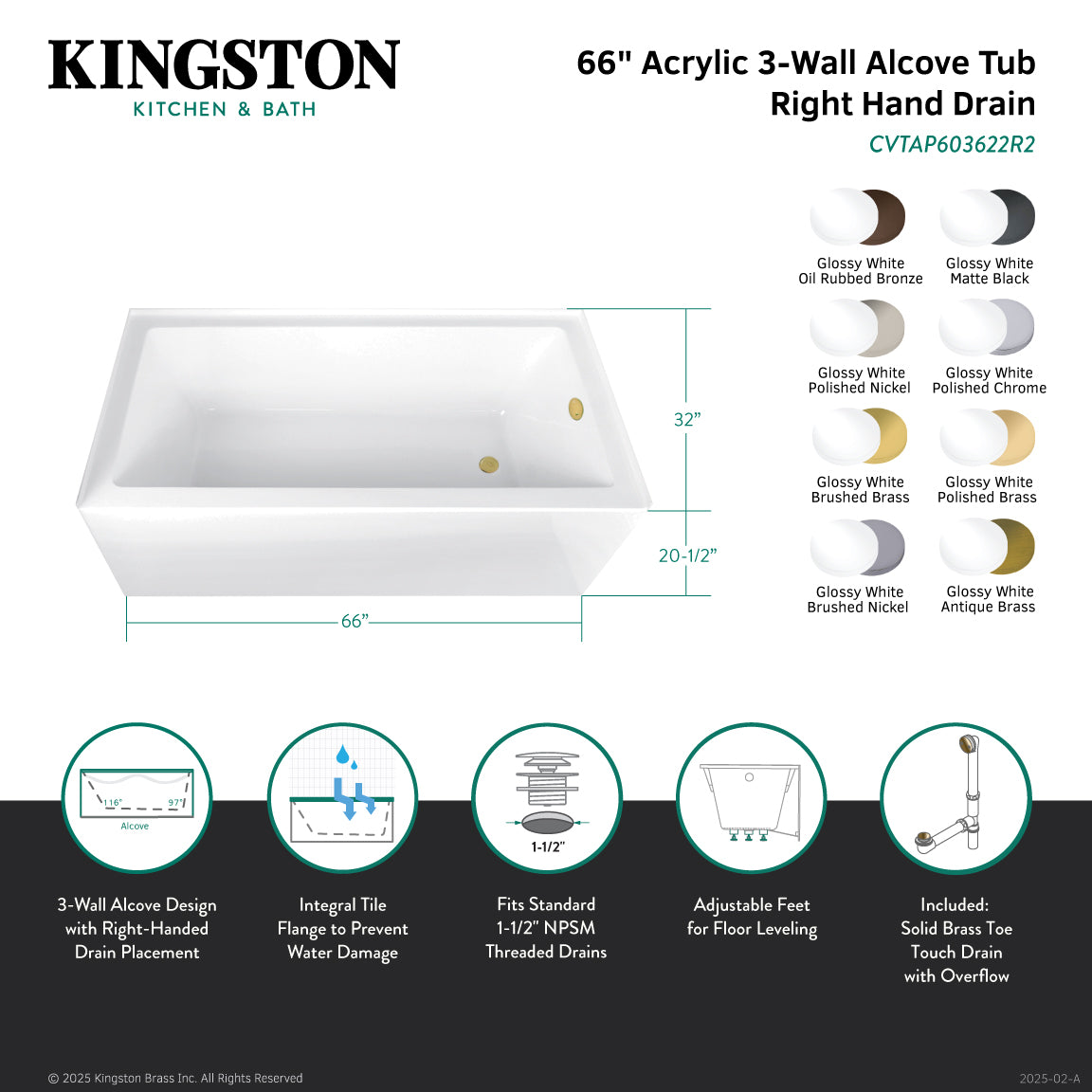 Aqua Eden 66 Inch Acrylic Rectangular 3-Wall Alcove Bathtub - Right Hand Drain, Glossy White with Brushed Brass Finish | Perfect for Modern Bathroom Renovations & Spa-Like Retreats