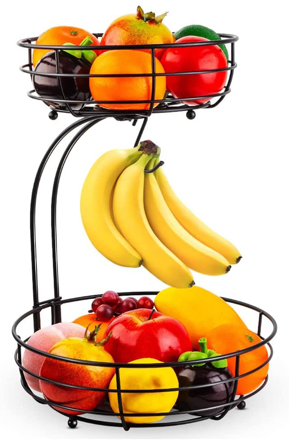 Premium 2-Tier Metal Fruit Basket with Banana Hanger - Kitchen Countertop Organizer for Fruits, Vegetables, Eggs & Bread - Space-Saving Storage Solution for Small Kitchens & Dining Tables (Black)