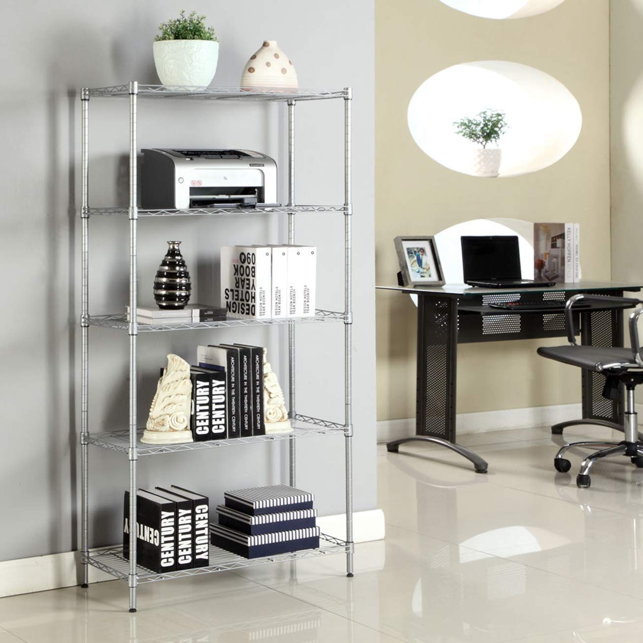 5-Tier Rectangle Carbon Steel Storage Rack - Heavy Duty Metal Shelving Unit for Kitchen, Living Room, Bathroom & Garage Organization - Silver Gray Space Saving Utility Shelf (MITPATY) - Perfect for Pantry Storage, Closet Organization & Garage Shelving Solutions