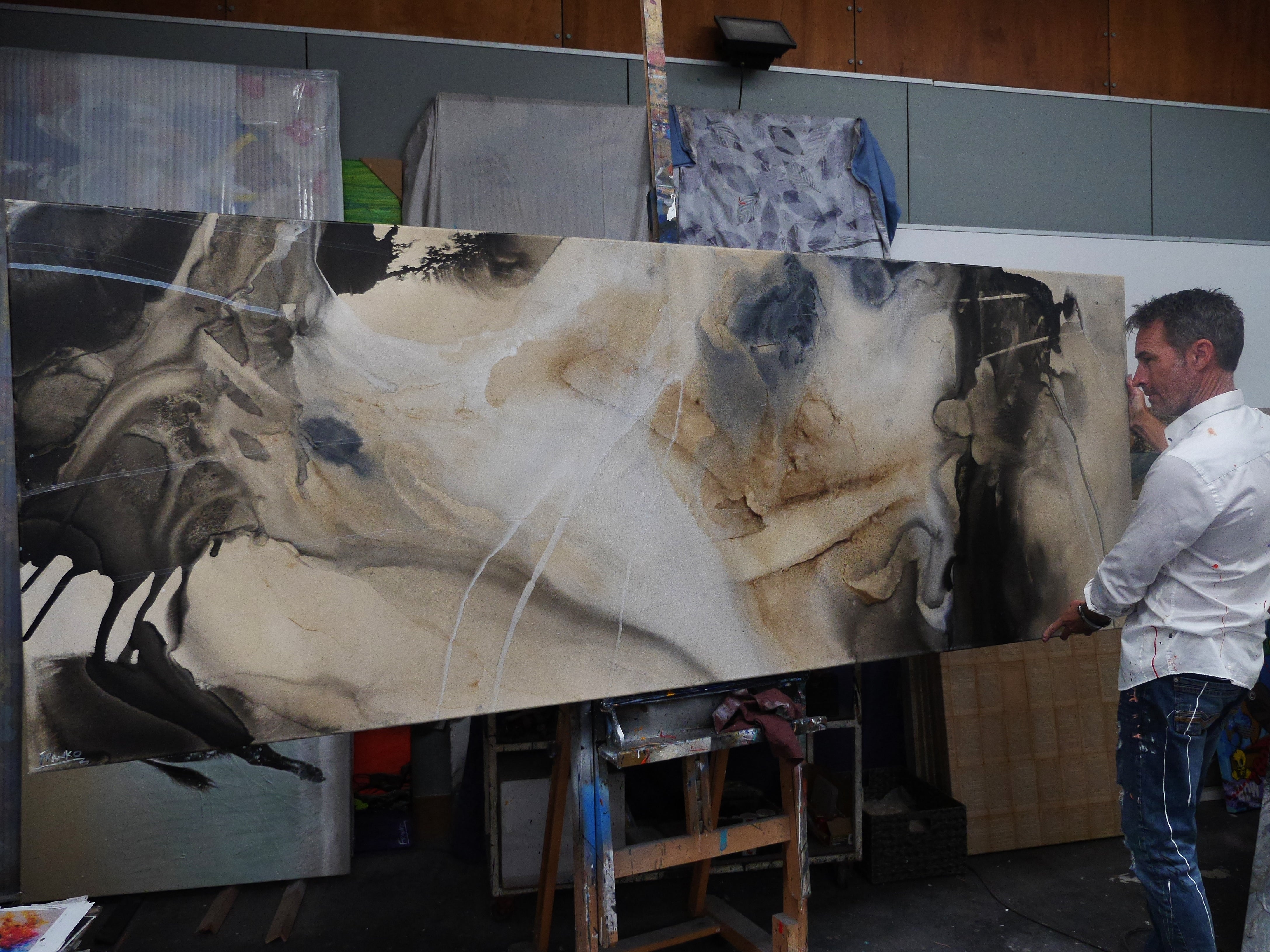 Abstract Textured Painting - 79x270cm Blue Rust White Cream Grey - Modern Wall Art for Living Room, Bedroom & Office Decor