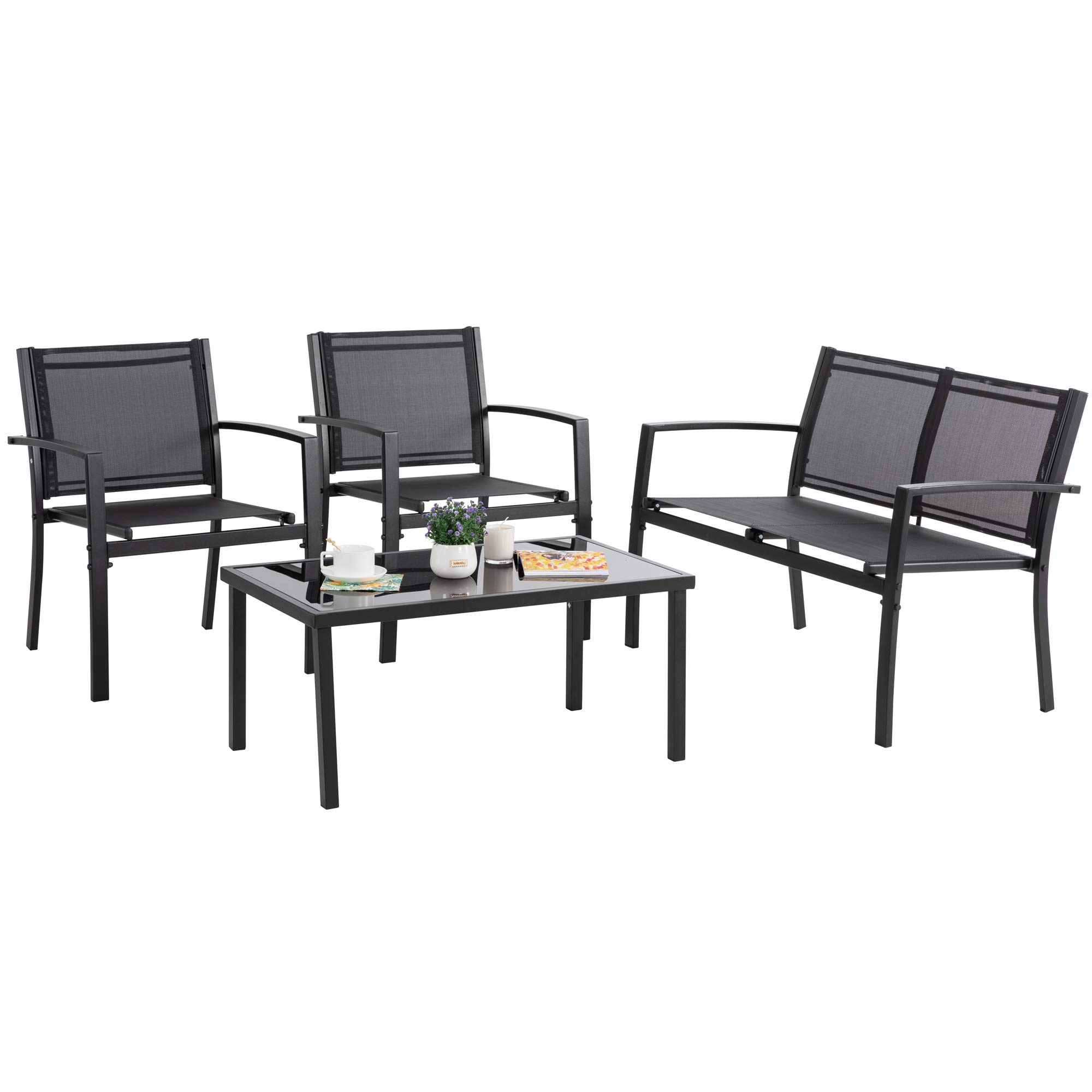 Vongrasig 4-Piece Outdoor Patio Furniture Set - Modern Textilene Bistro Set with Loveseat & Glass Coffee Table - Black Patio Conversation Set for Lawn, Balcony, Garden or Poolside Relaxation