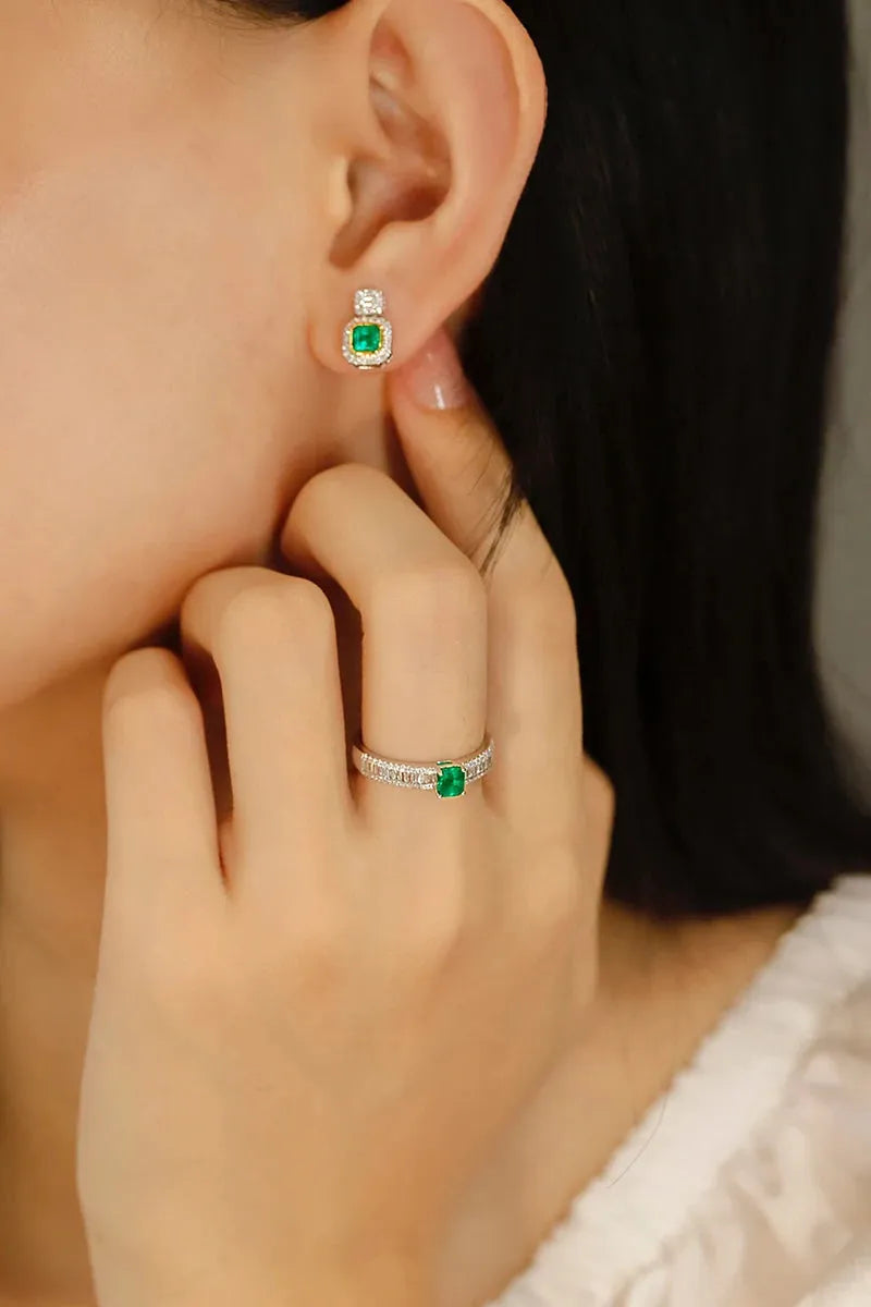 18K White & Yellow Gold Emerald Diamond Stud Earrings for Women - Elegant Wedding Jewelry Gift for Brides, Anniversary & Special Occasions