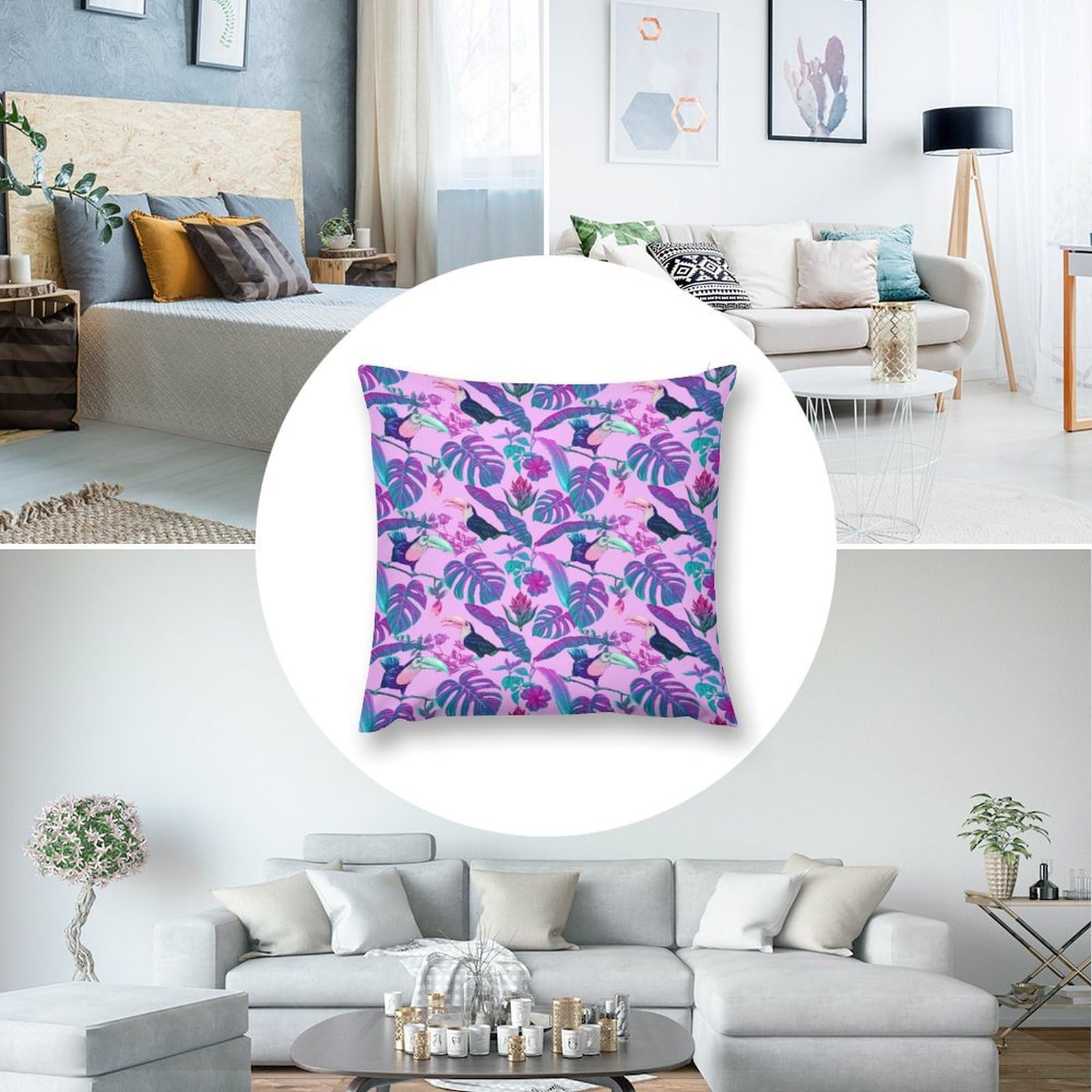 Soft Tropical Monstera & Toucan Plush Pillow Covers Set of 4 - 26x26 Inch Smooth Cushion Cases for Sofa, Bed, Living Room Decor | Perfect for Home, Nursery, Dorm & Gift