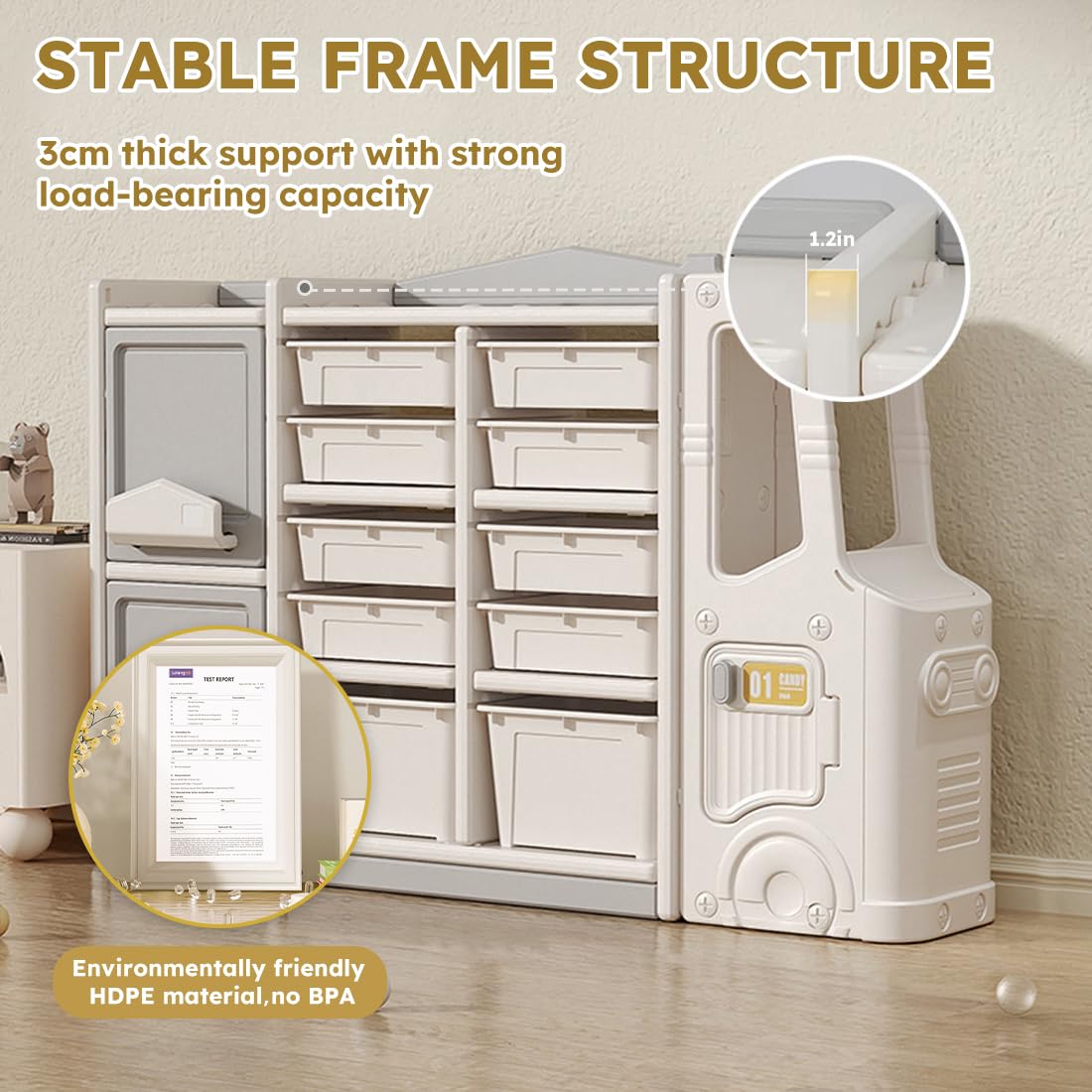 TOBEYA Kids Toy Organizer & Bookshelf - 10 Storage Bins + 2 Cabinets with Drawers, Multifunctional Toy Box for Playroom, Nursery & Kids Bedroom - Perfect for Organizing Toys, Books & Clothes