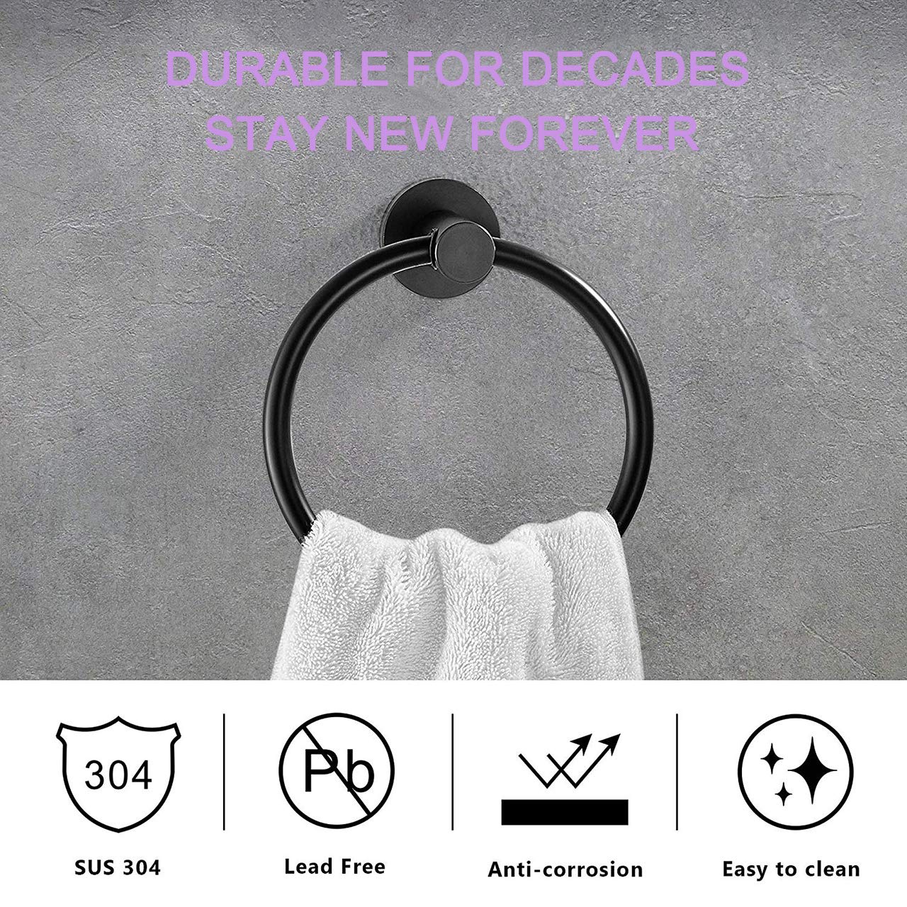 Stainless Steel Wall Mounted Towel Ring - Matte Black Rust Proof Bathroom & Kitchen Hand Towel Holder, Round Towel Hanger Hook for Bath, Kitchen, Laundry Room (Drill Required for Installation)